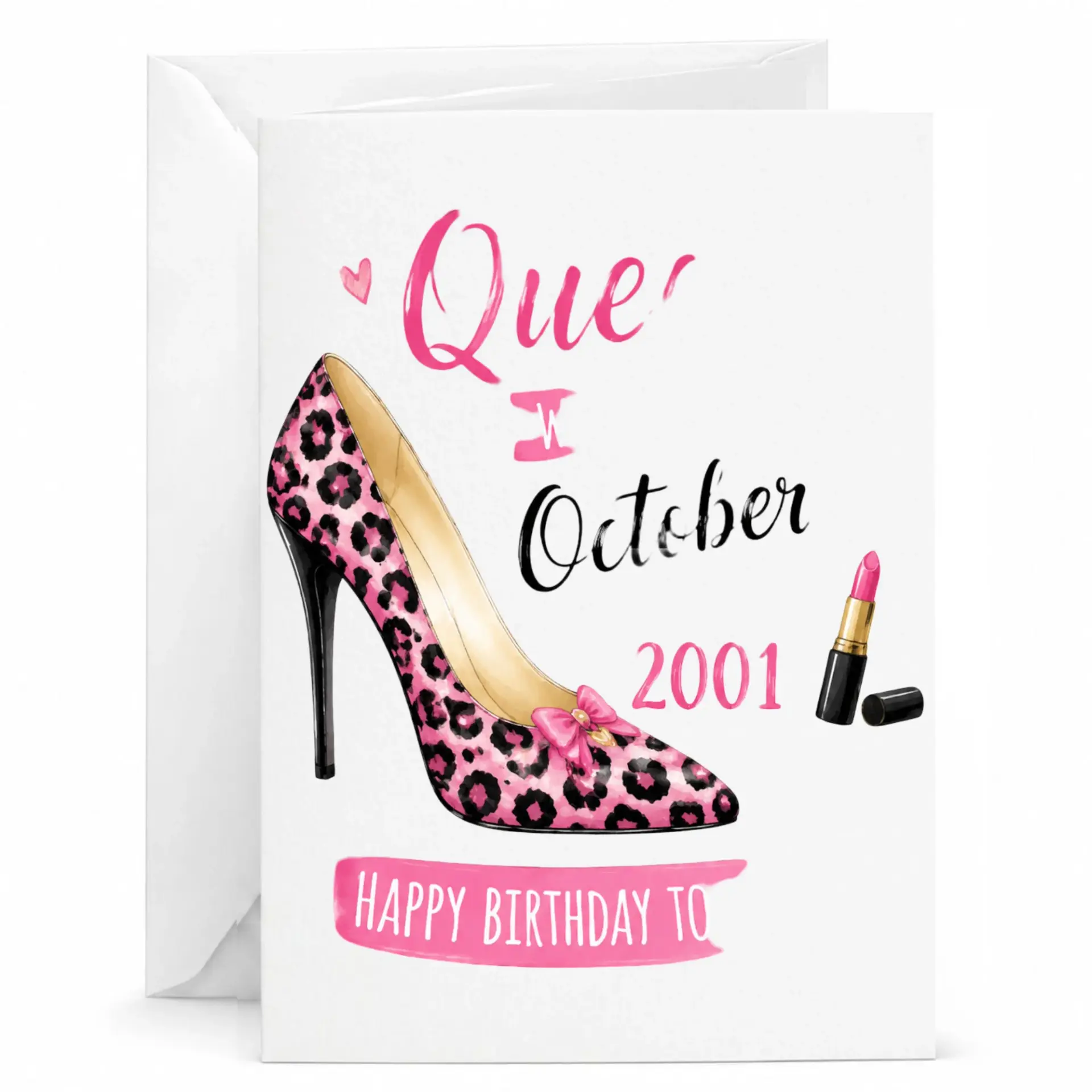 Birthday Card Featuring Stylish Pink Leopard Print High Heel Shoe and Lipstick Illustration for October Born Celebrations