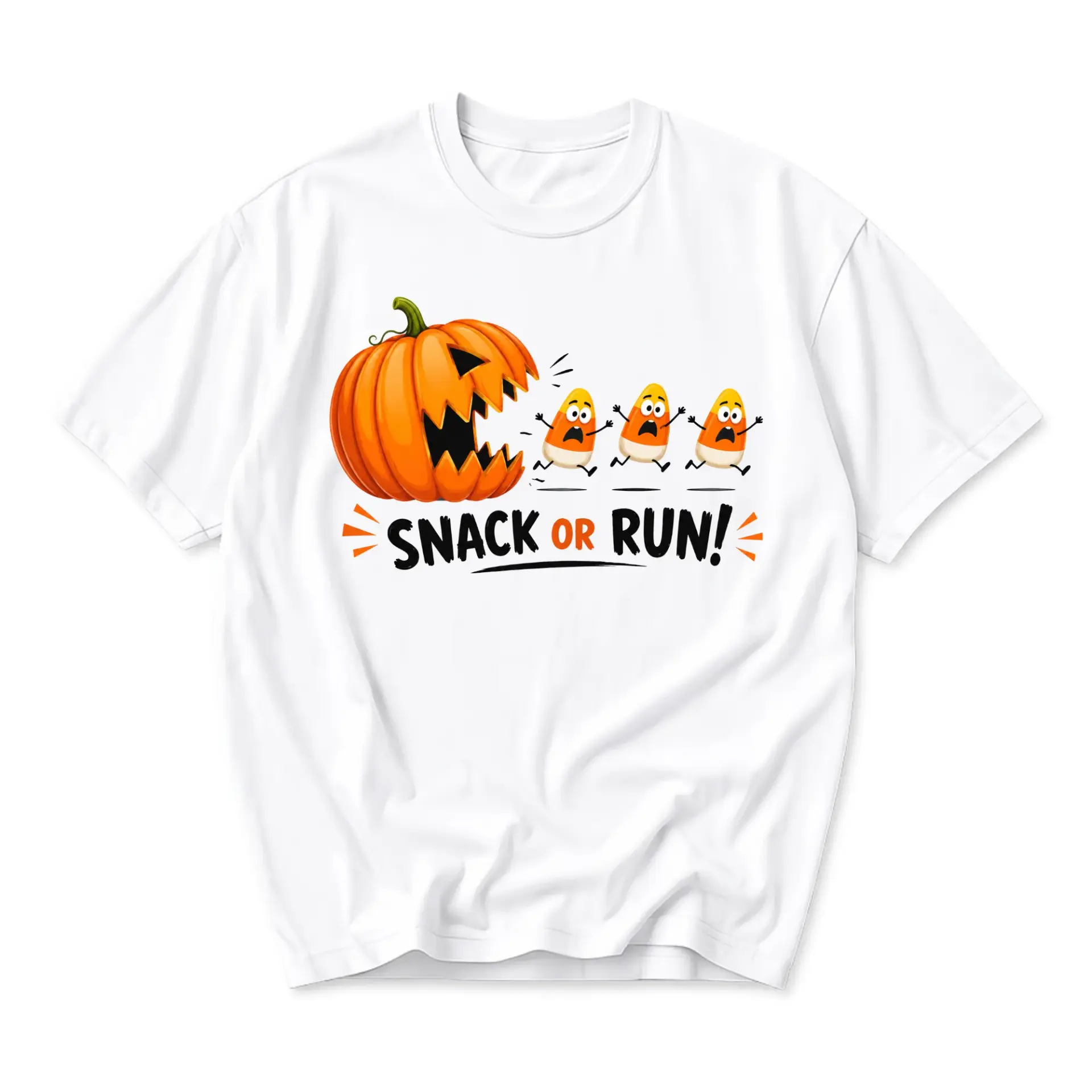 Funny Shirt Snack or Run Pumpkin Candy Graphic Tee Halloween Holiday Seasonal Humor Casual Unisex Crew Neck Top White