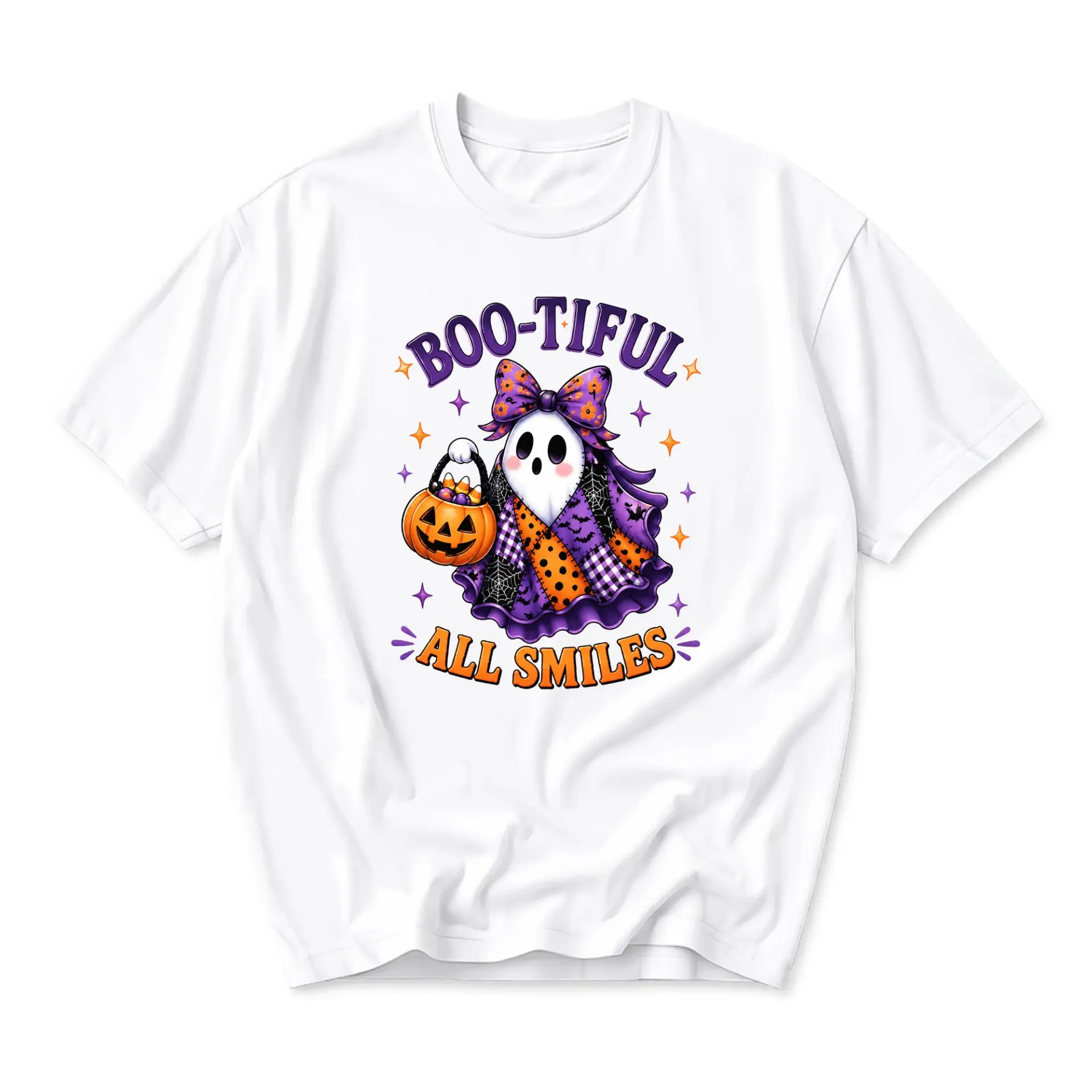 Graphic Tee Boo-Tiful All Smiles Ghost Halloween Shirt Cute Spooky Character Unisex Crew Neck Casual Cotton Top