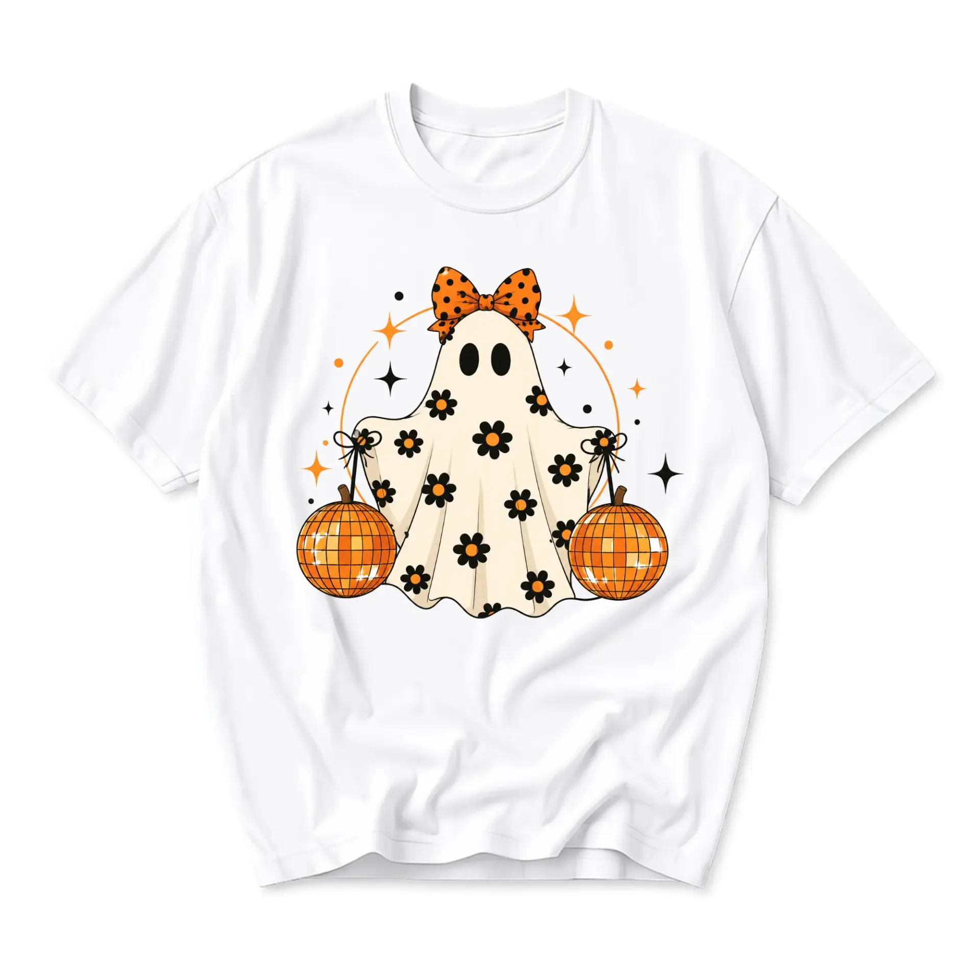 Graphic Tee Unisex Crew Neck T-Shirt Featuring a Floral Ghost Holding Disco Ball Pumpkins Fall Aesthetic Shirt