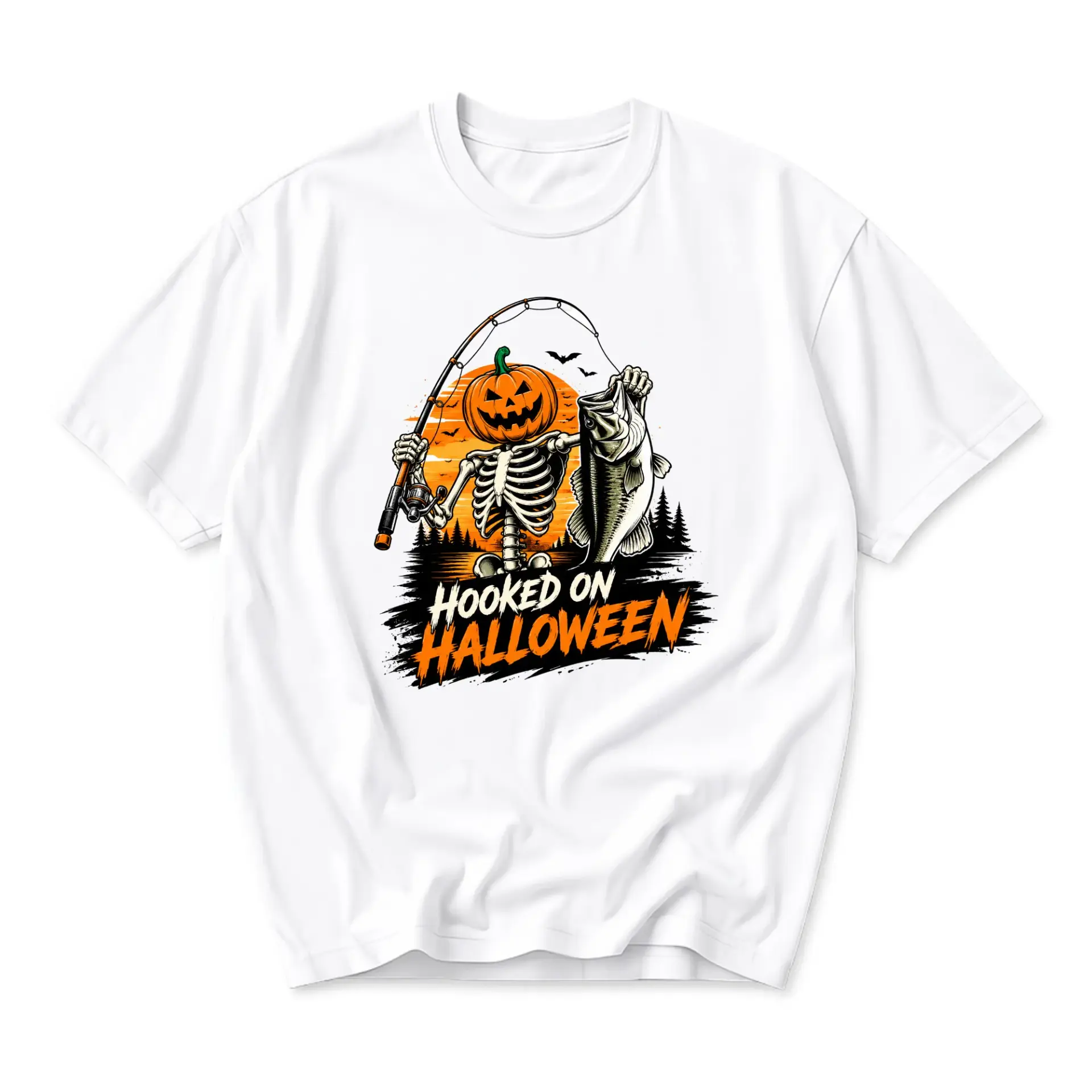 Funny Shirt Hooked on Halloween Fishing Skeleton Unisex Graphic Printed T-Shirt for Casual Wear and Festive Outfits