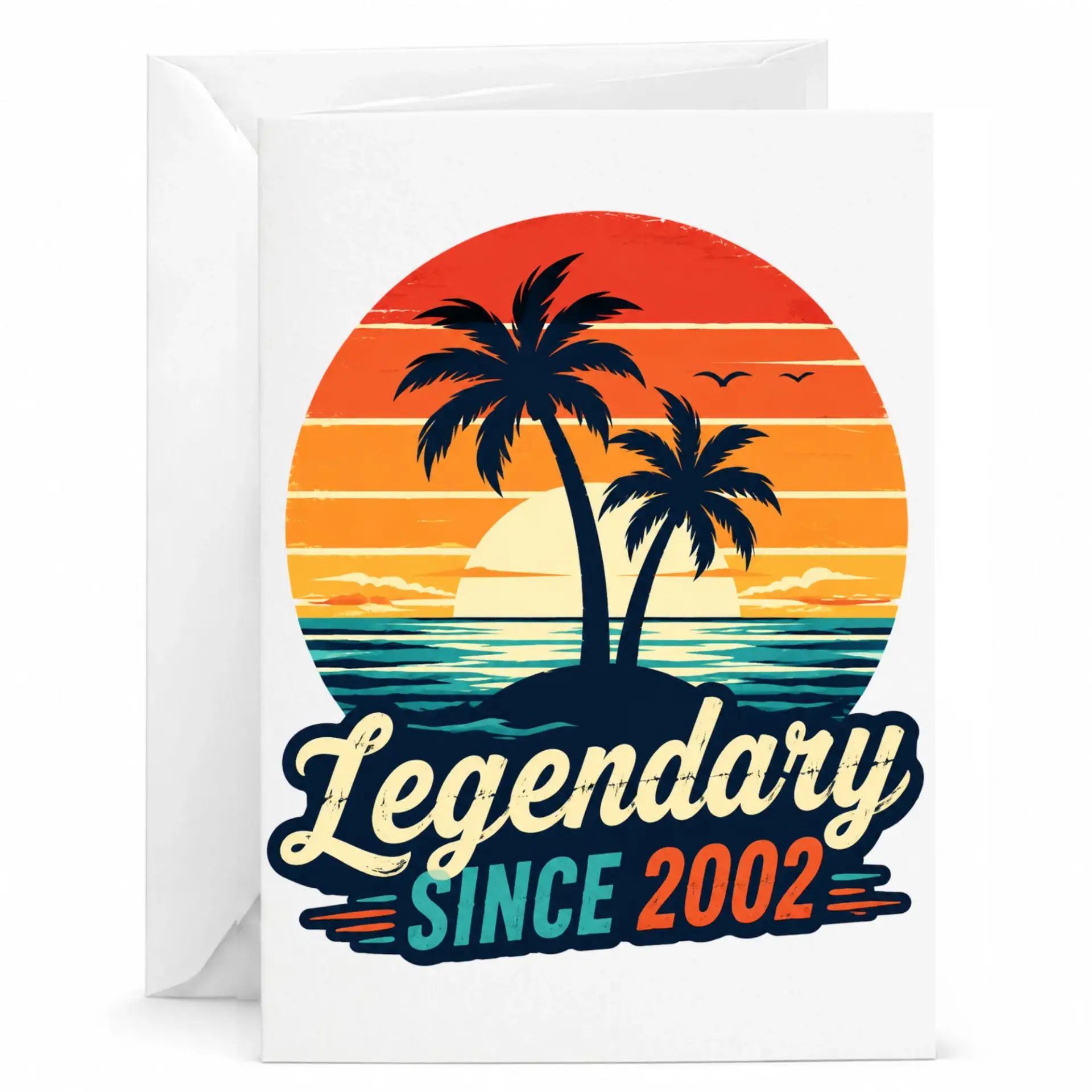 Birthday Card Legendary Since 2002 Vintage Sunset Palm Tree Greeting Card for Milestone Celebration and Anniversary