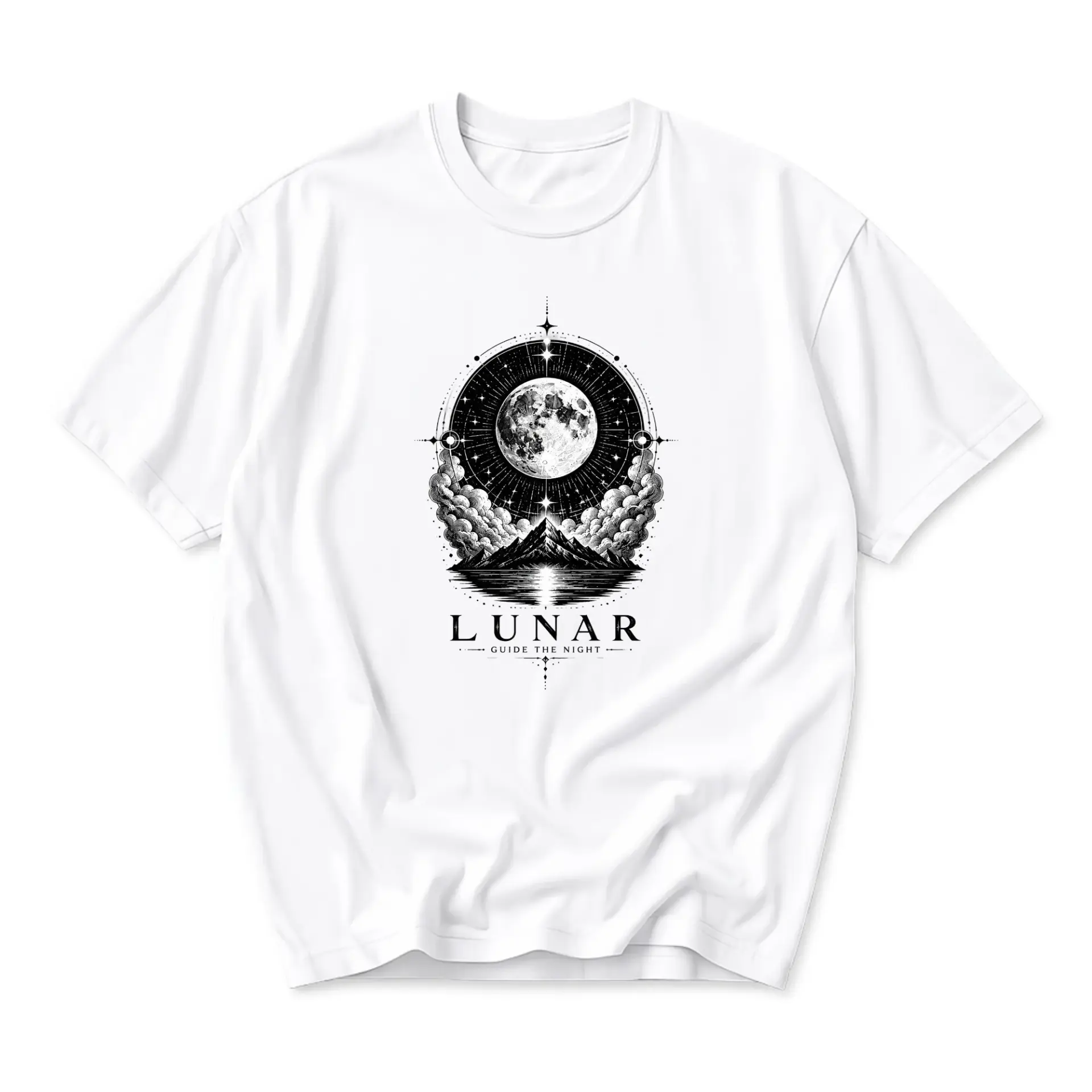 Graphic Tee Lunar Guide the Night Celestial Moon Mountain Print Unisex Crew Neck Casual Short Sleeve Cotton Shirt