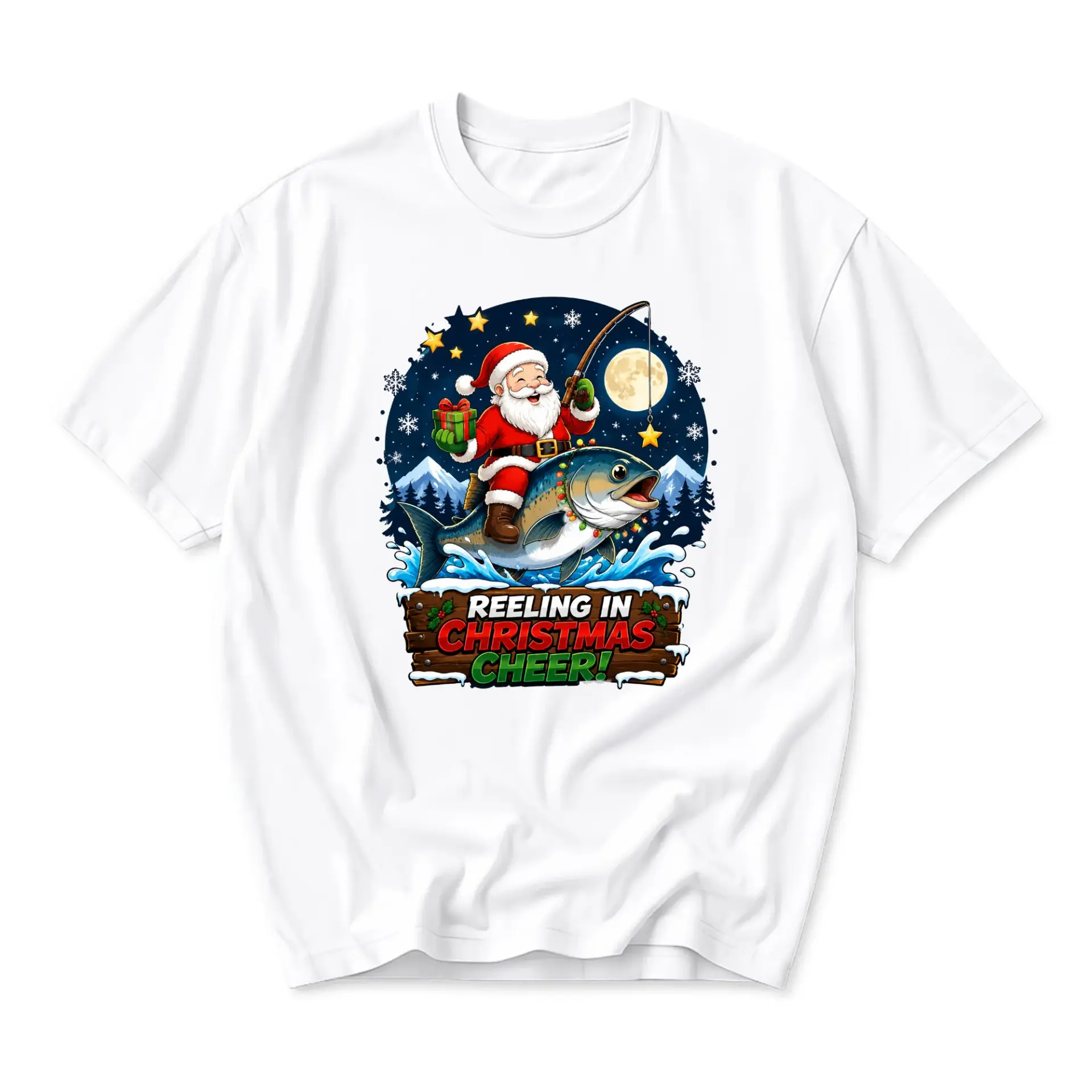 Funny Shirt Reeling in Christmas Cheer Graphic Tee Santa Claus Fishing