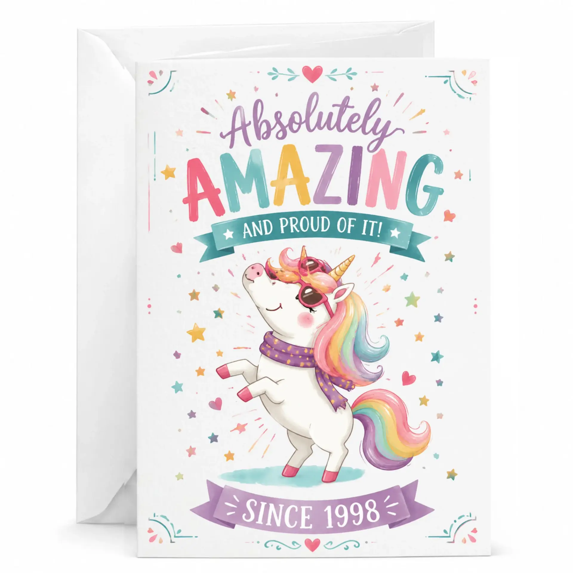 Absolutely Amazing Unicorn Greeting Card, Funny Birthday Card for Anyone Born in 1998, 5x7 Inch Folded Card with Envelope