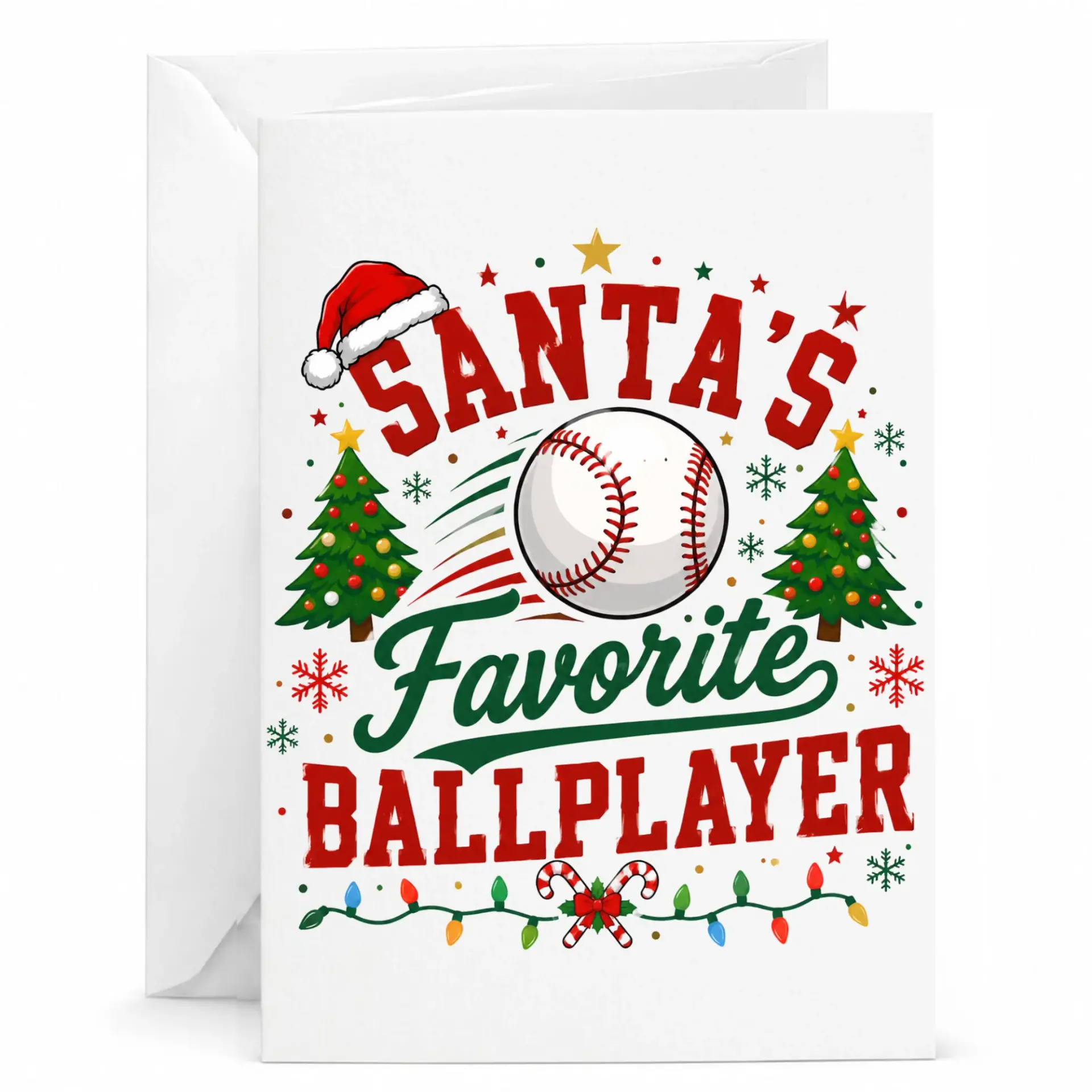 Greeting Card Santa's Favorite Ballplayer Holiday Sports Theme Printed Note with Matching White Envelope