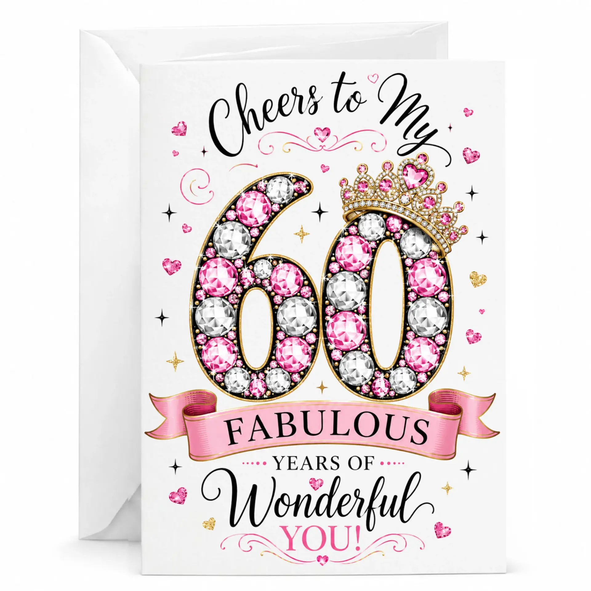 Greeting Card for 60th Birthday Elegant Pink Gemstone Number 60 Design with and Decorative Ribbon