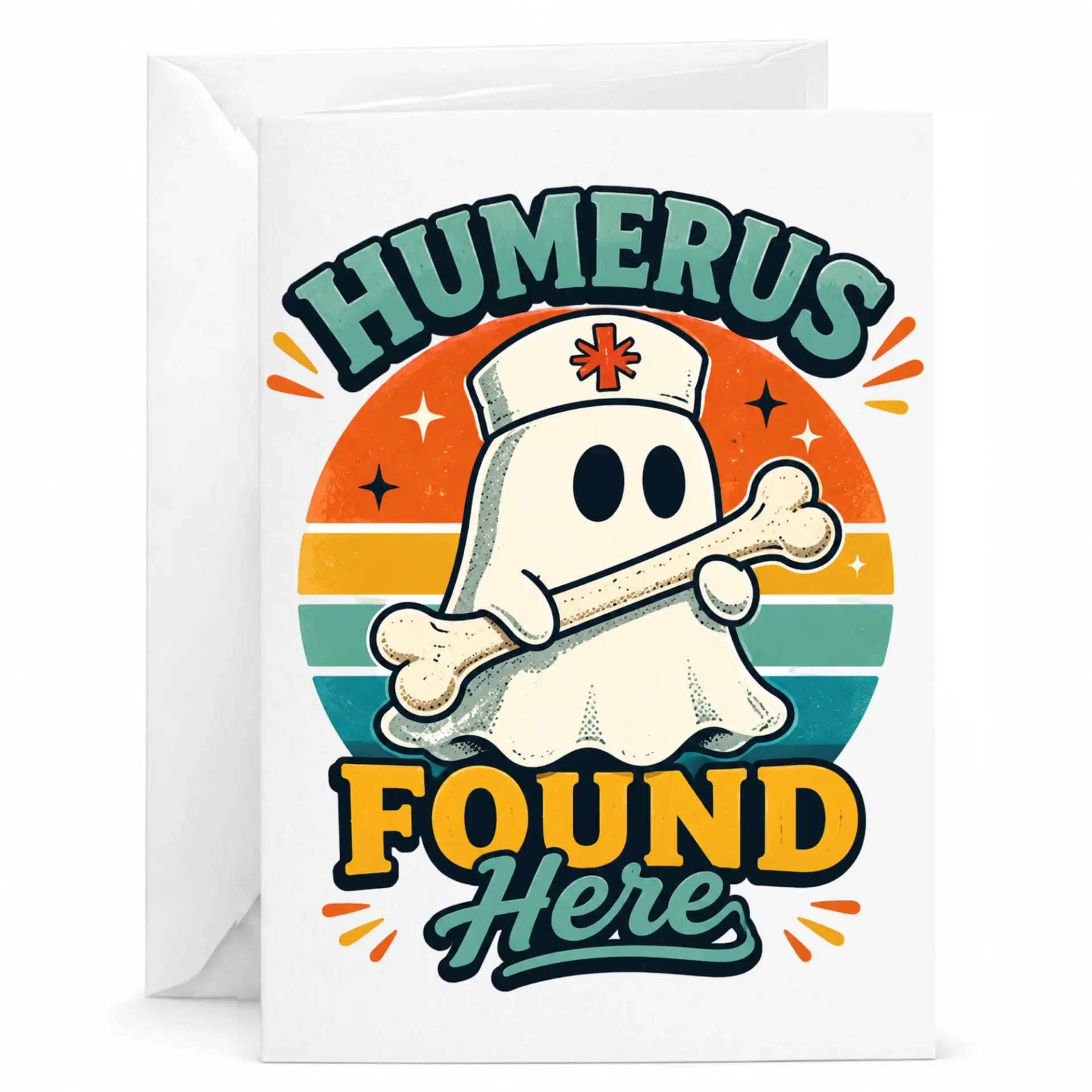 Funny Greeting Card Featuring a Cute Nurse Ghost Holding a Bone Humerus Pun Illustration for Medical Professionals