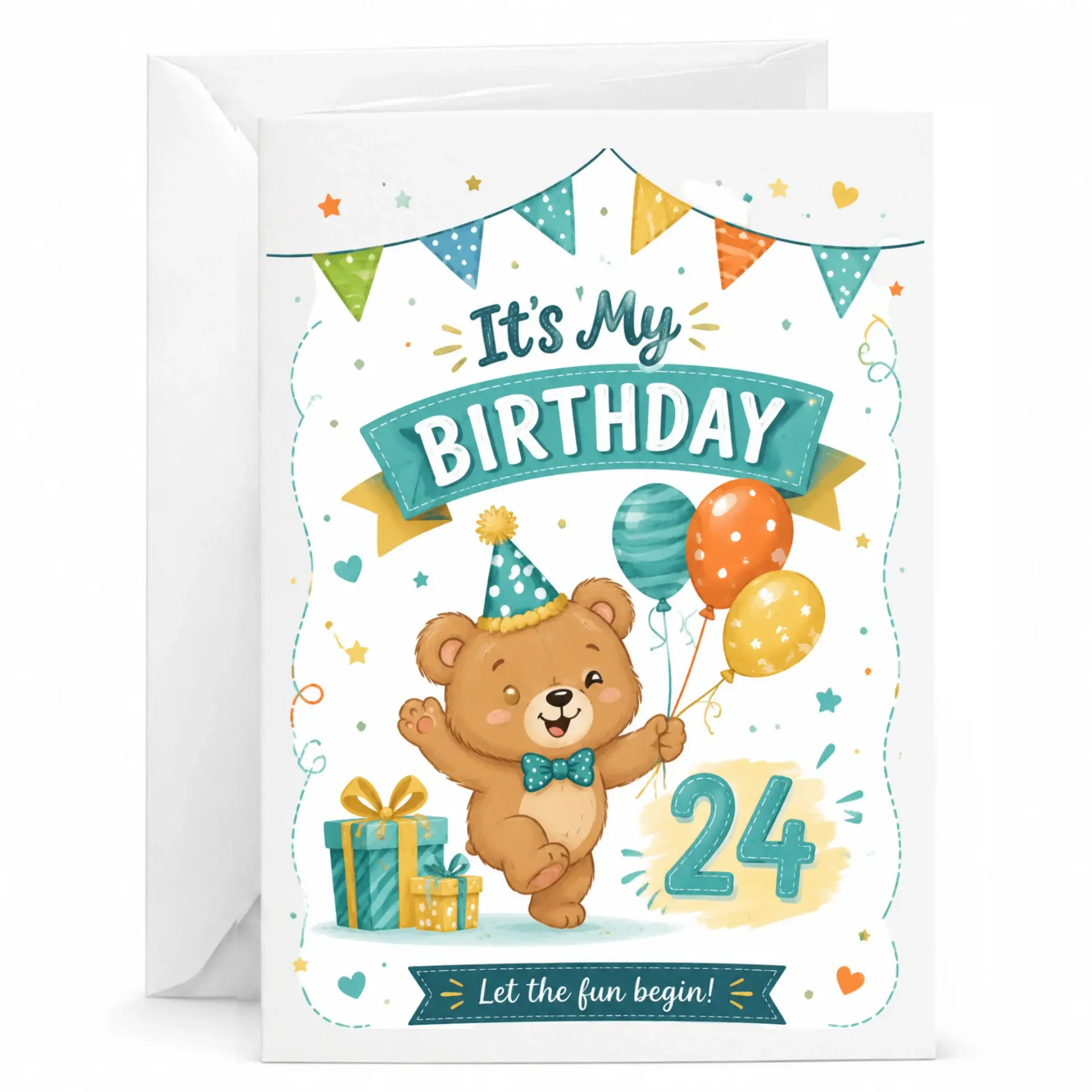 Greeting Card It Is My 24th Birthday Cute Teddy Bear with Balloons and Party Decoration Design Folded Stationery