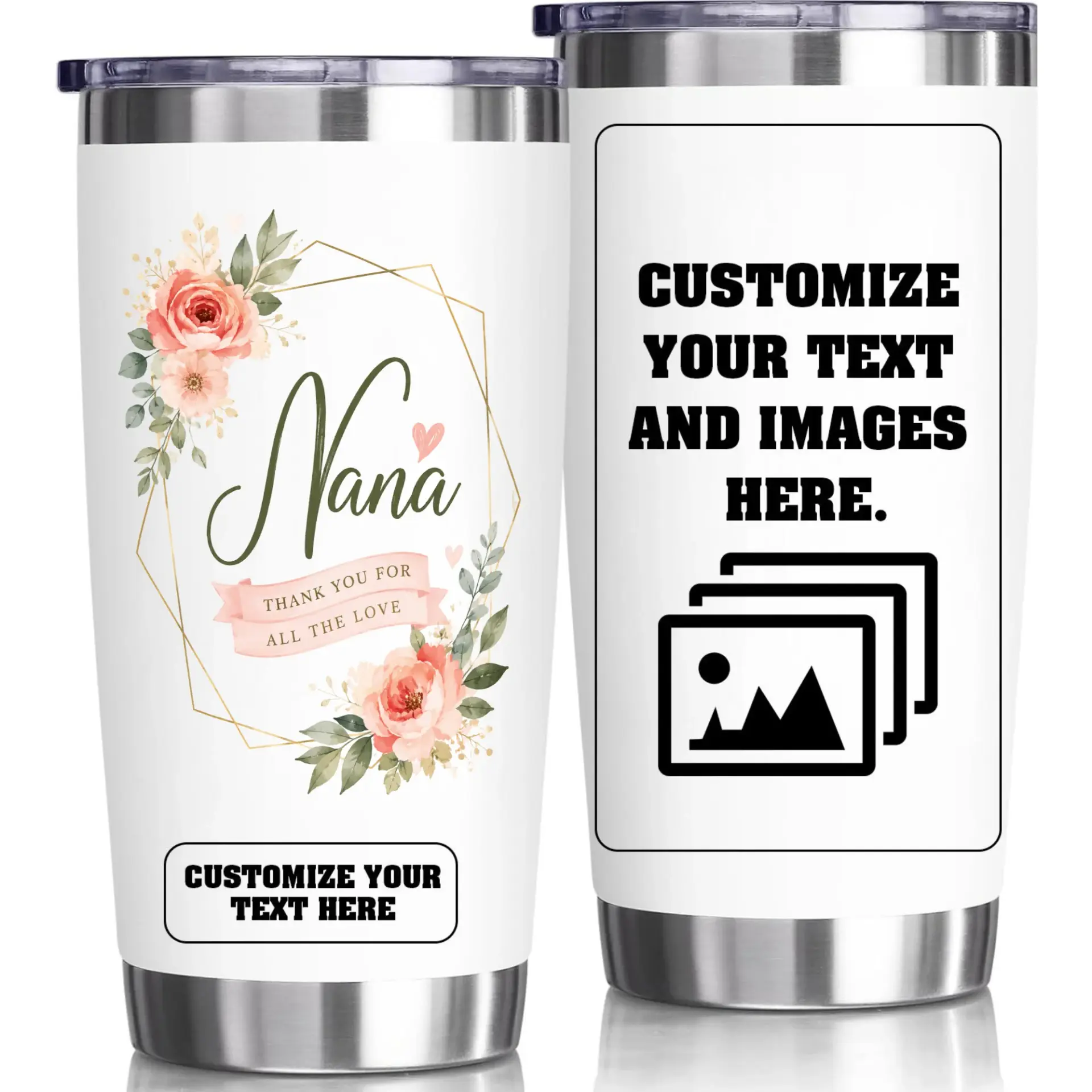 Stainless Steel Tumbler Nana Floral Design 20oz Insulated Cup Personalizable Travel Mug for Hot and Cold Beverages