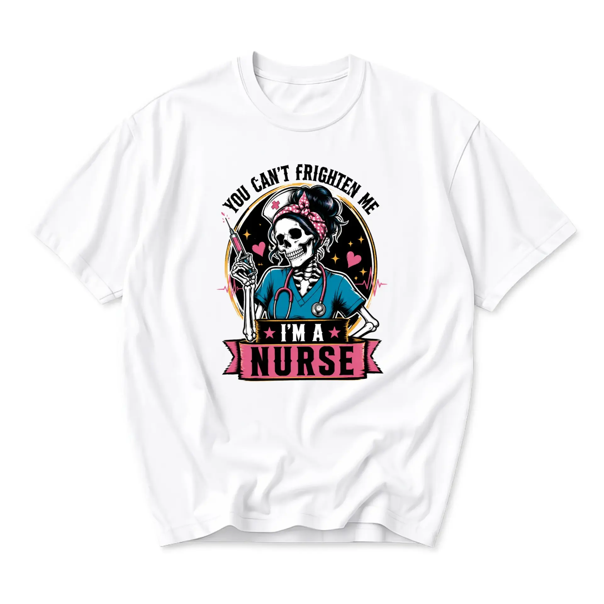 Funny Shirt Nurse Skeleton Graphic Tee for Women and Men Casual Short Sleeve Cotton Blend Unisex Crew Neck Top White