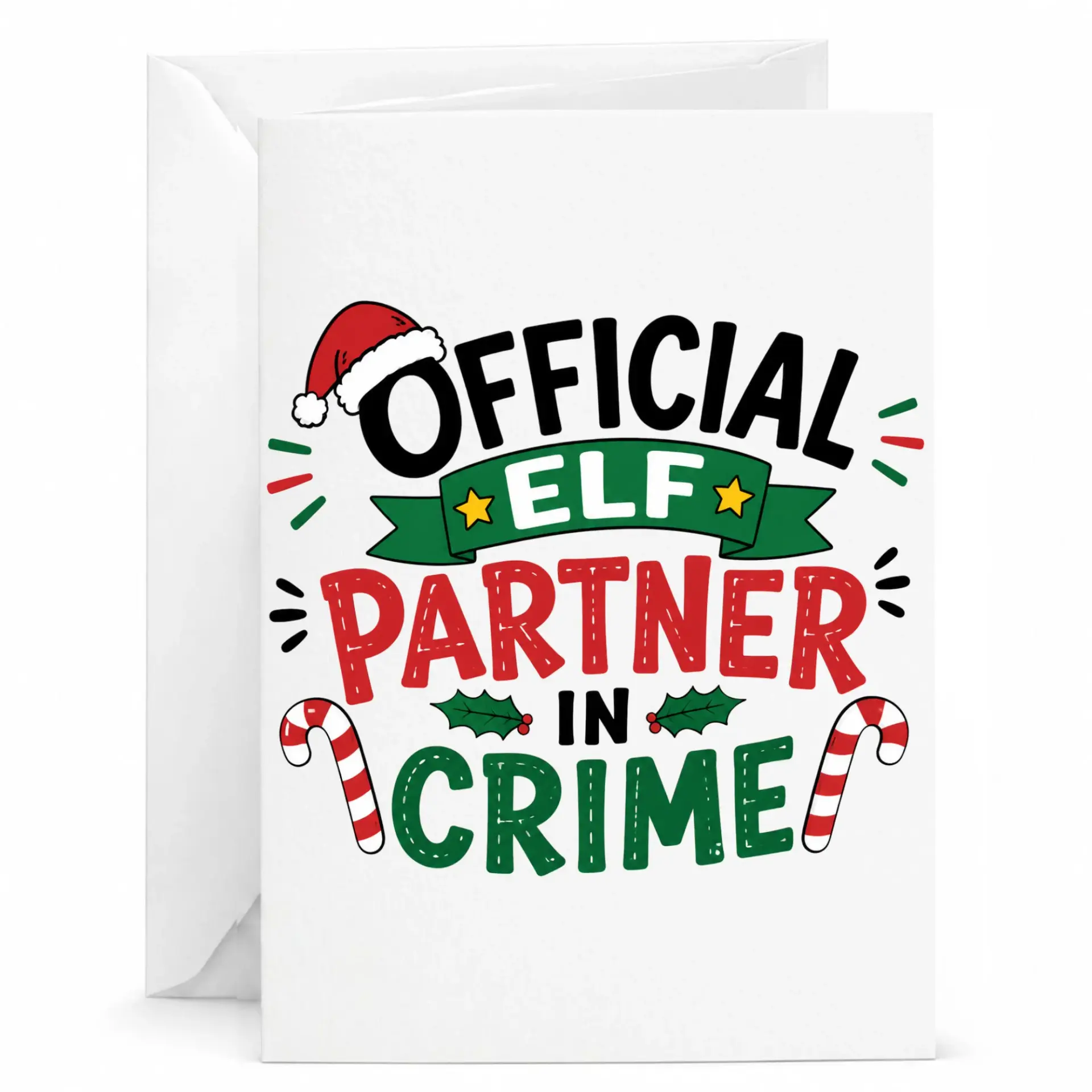 Funny Christmas Greeting Card, Official Elf Partner in Crime Holiday Stationery with White Envelope