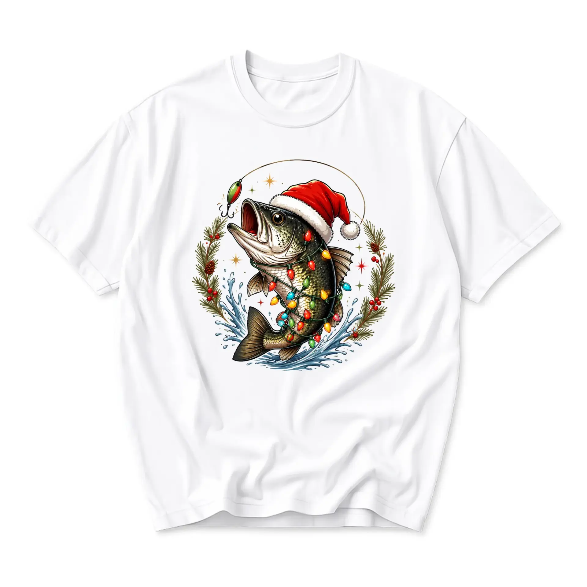 Funny Shirt Christmas Fishing Graphic Tee Seasonal Fish Wearing Santa Hat
