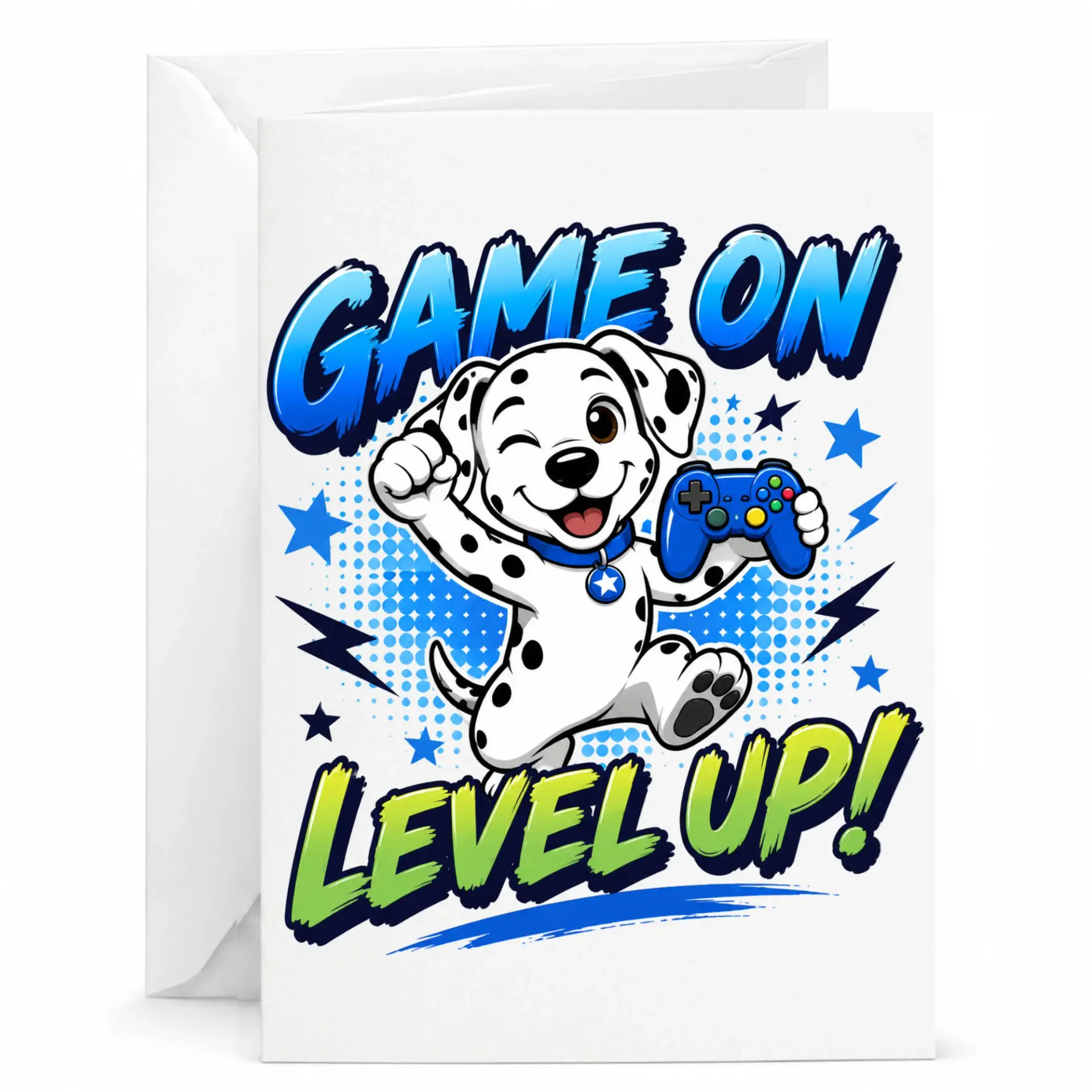 Funny Gaming Dog Greeting Card Featuring a Winking Spotted Puppy Holding a Video Game Controller for Gamers