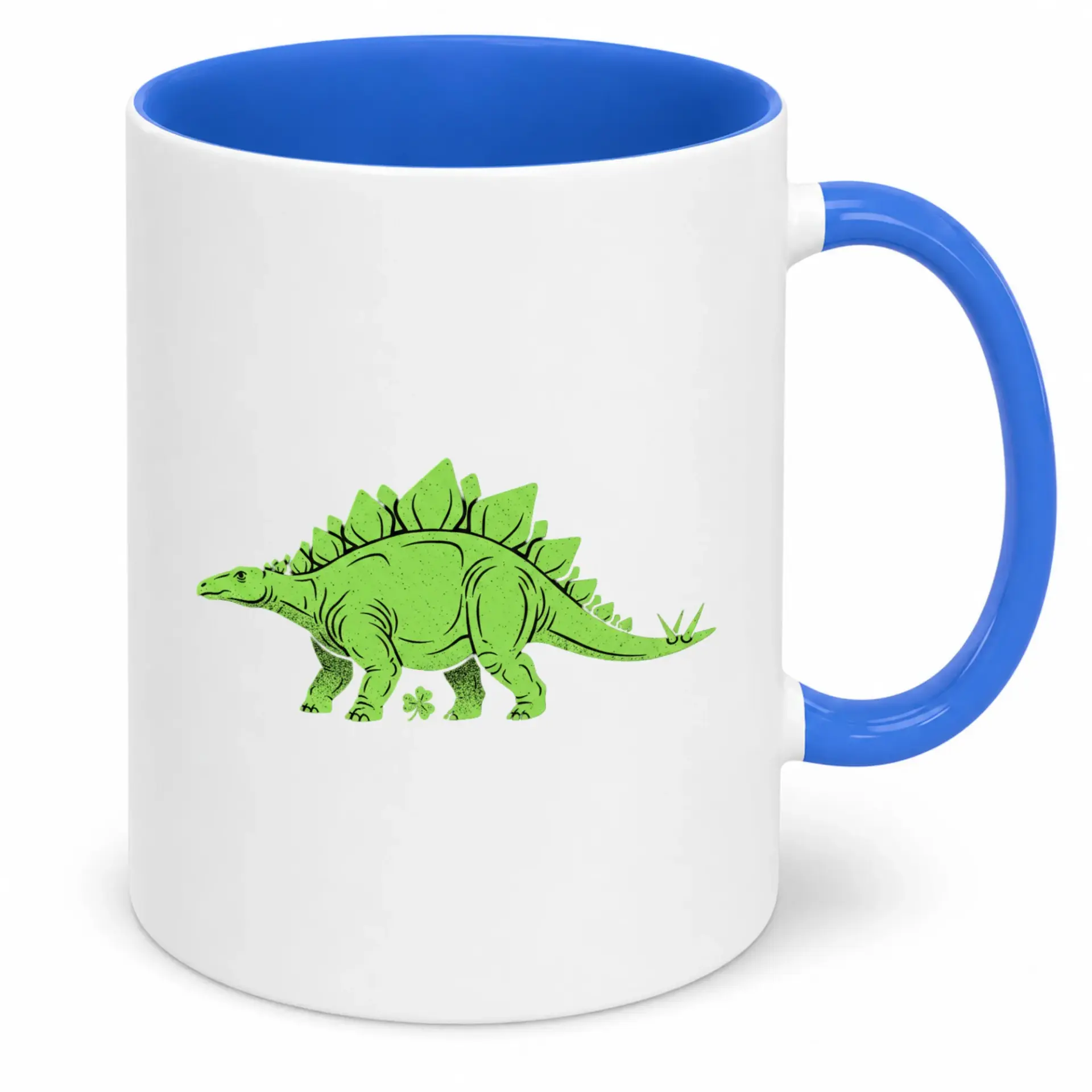 Funny Stegosaurus Dinosaur Ceramic Coffee Mug Green Design with Lucky Shamrock 11oz or 15oz Blue Handle Drinkware for Home Office Kitchen