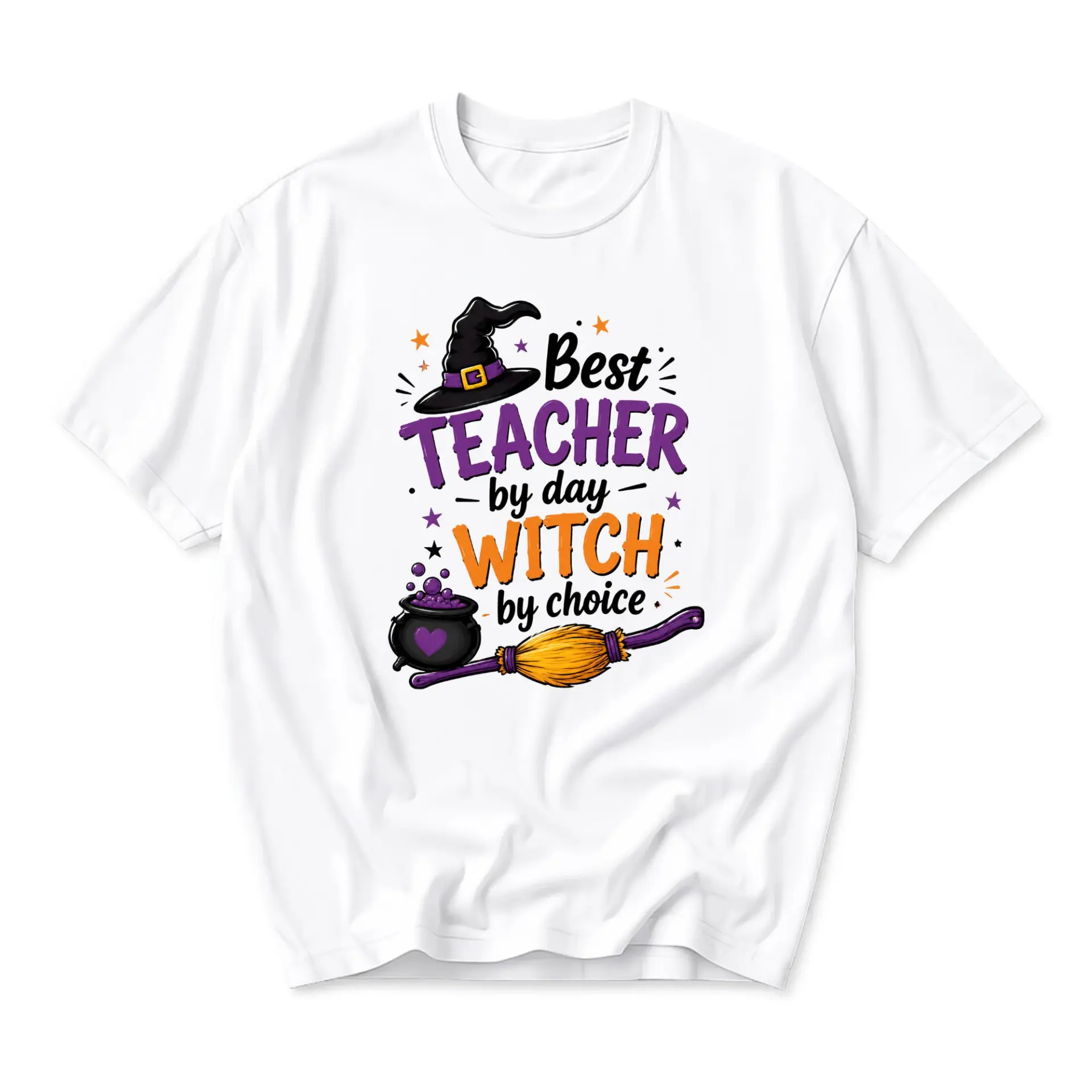 Funny Shirt Best Teacher by Day Witch by Choice Graphic Tee Unisex Crew Neck Casual Cotton Blend Seasonal Top
