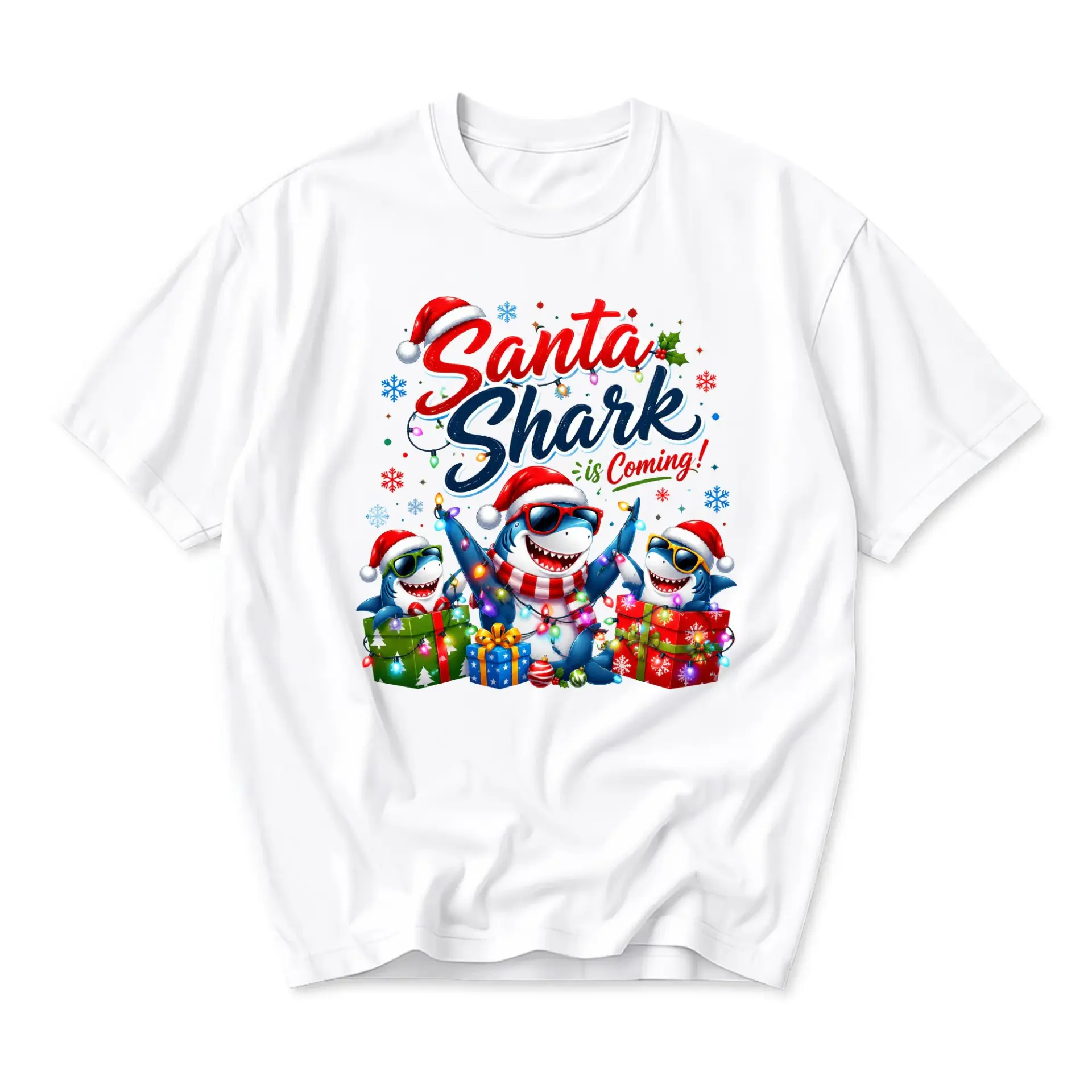 Funny Shirt Santa Shark Is Coming Graphic Tee Festive Holiday Unisex Crew
