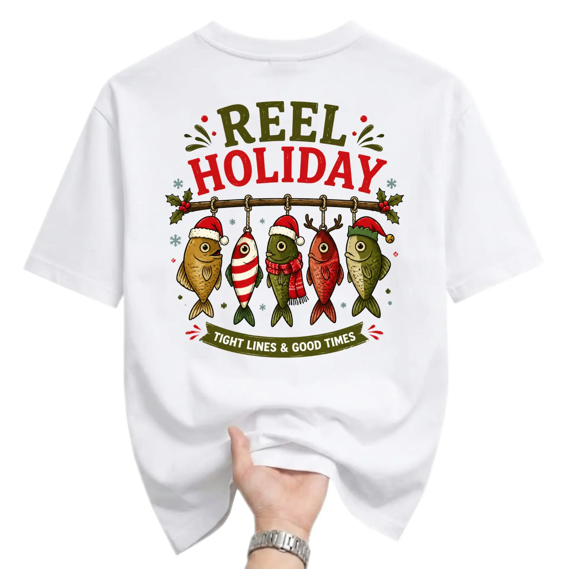 Graphic Tee Reel Holiday Fishing Themed Shirt Seasonal Catch Apparel Unisex Crew Neck Short Sleeve Top White
