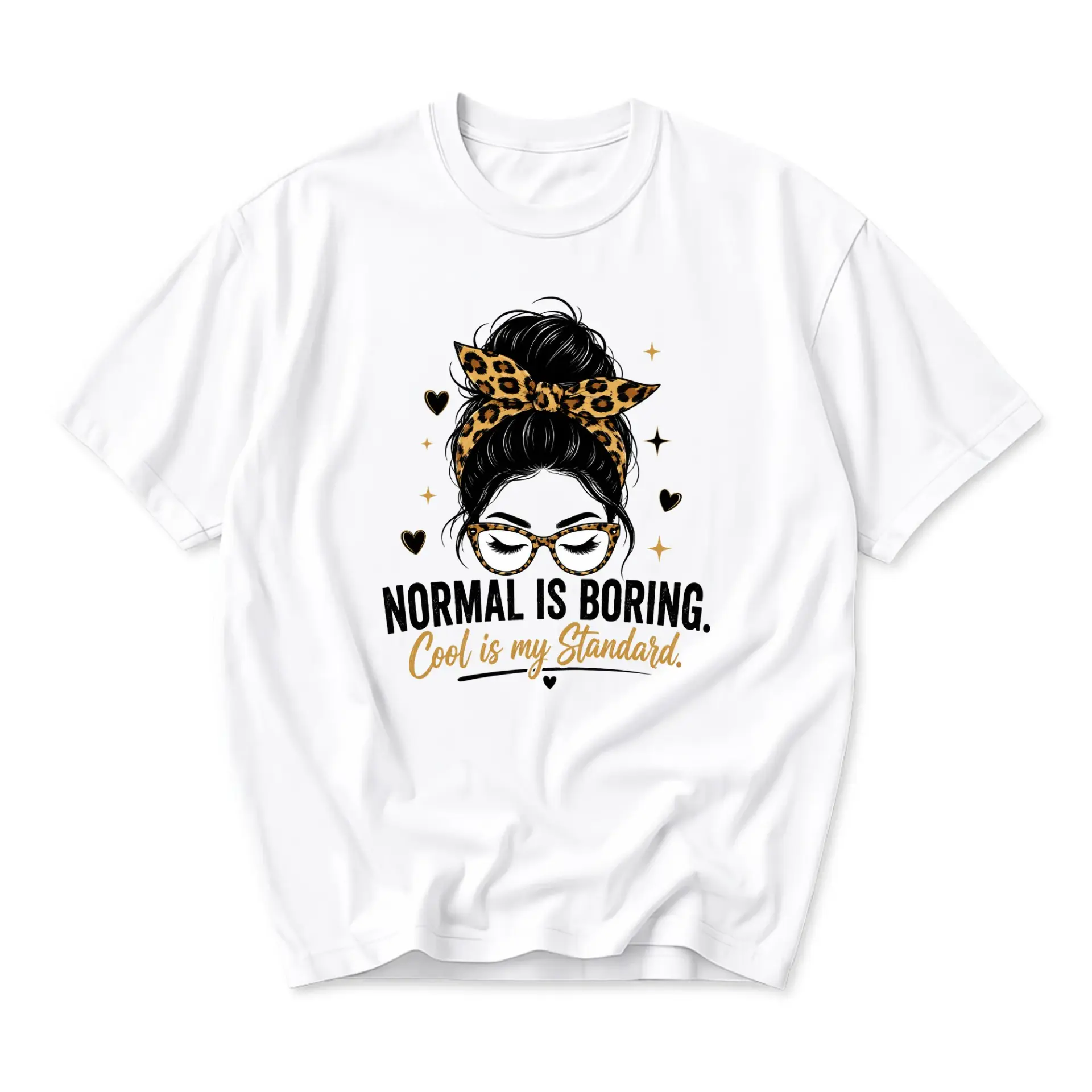 Graphic Tee Normal Is Boring Cool Is My Standard Trendy Leopard Print Hair Bun Illustration Unisex Crew Neck T-Shirt