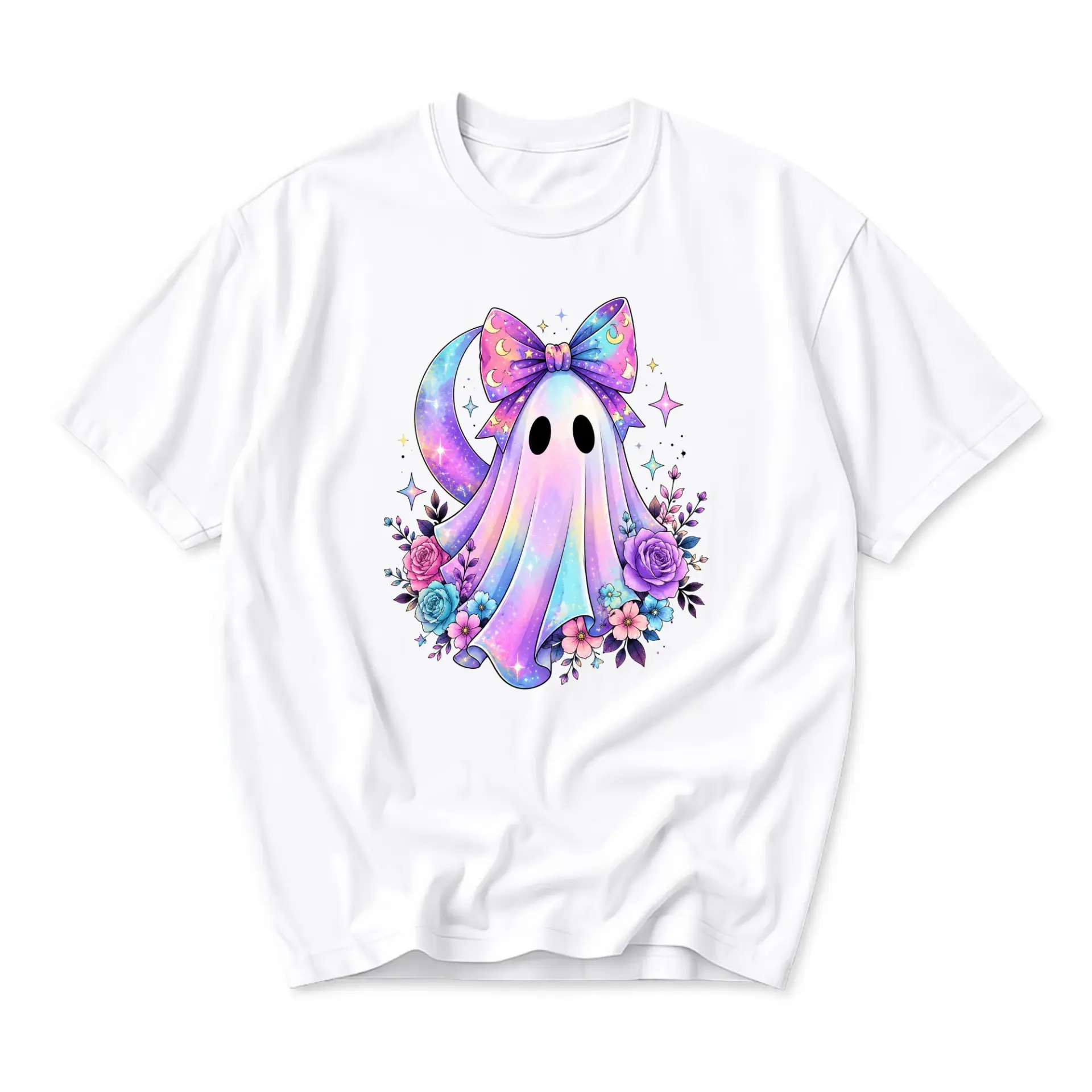 Graphic Tee Cute Pastel Ghost with Crescent Moon and Floral Bow Print Unisex Casual Everyday Crew Neck Shirt