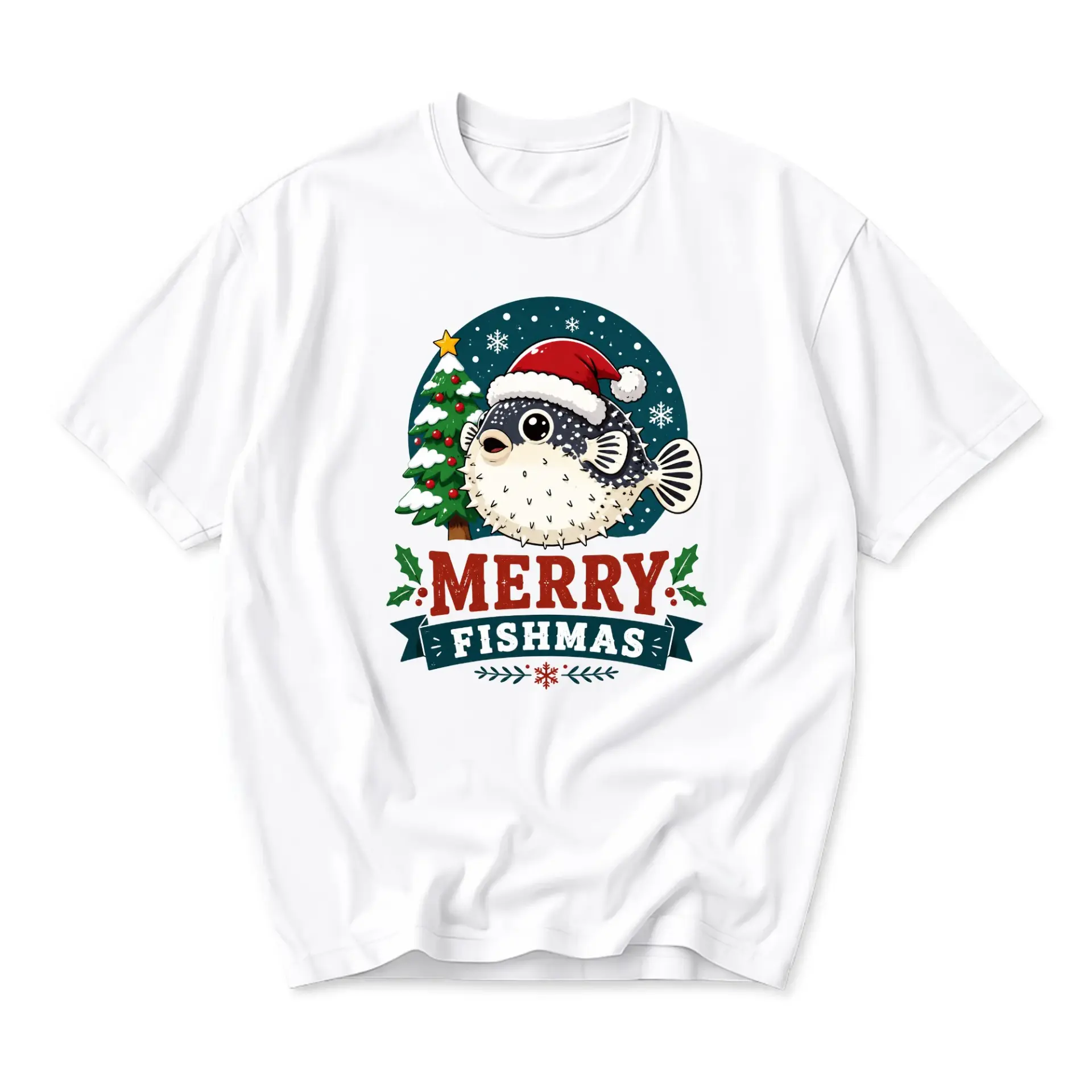 Funny Shirt Merry Fishmas Puffer Fish Christmas Graphic Tee Casual Holiday Crew Neck Short Sleeve Unisex Top