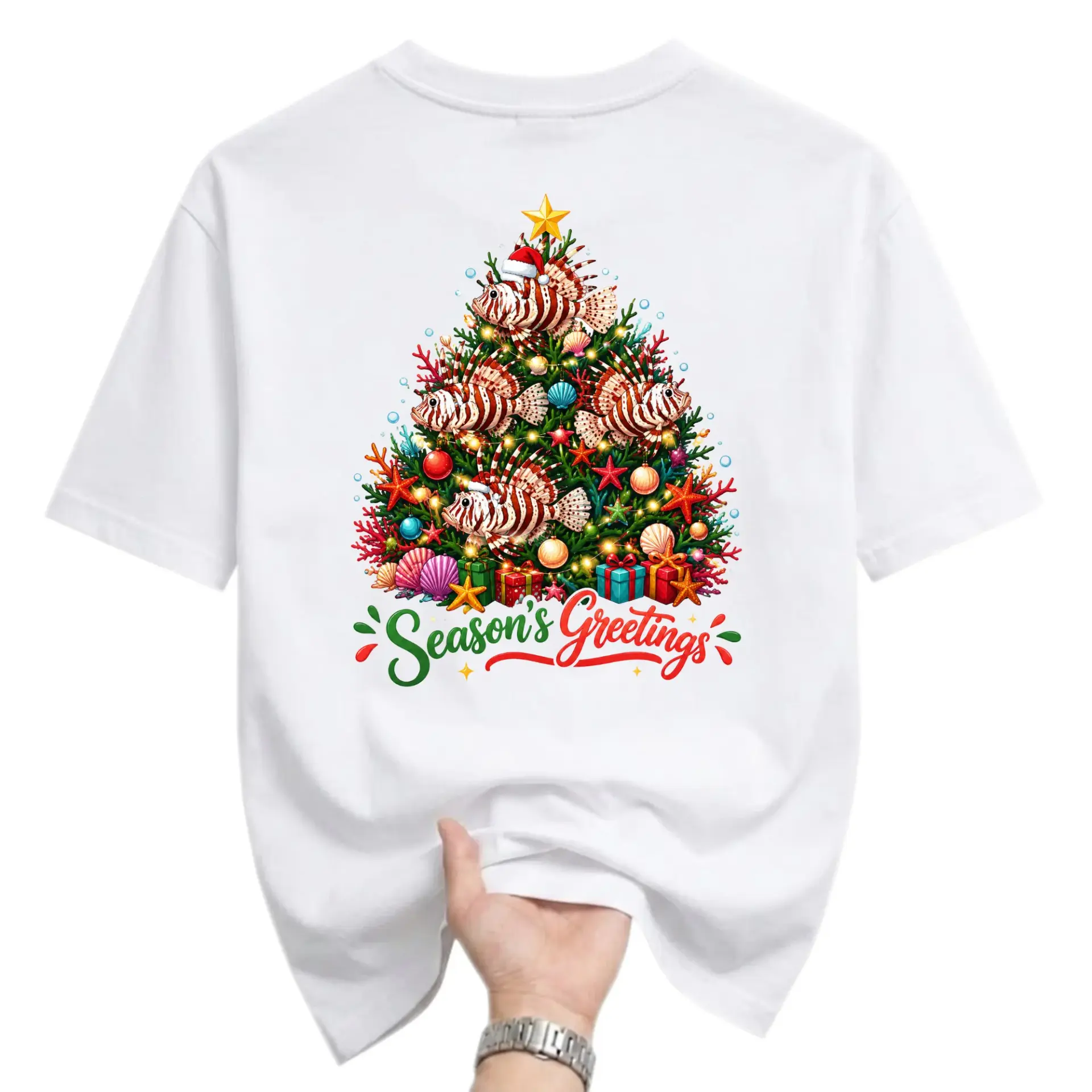 Graphic Tee Unisex Christmas Tree Featuring Lionfish Holiday Print Short