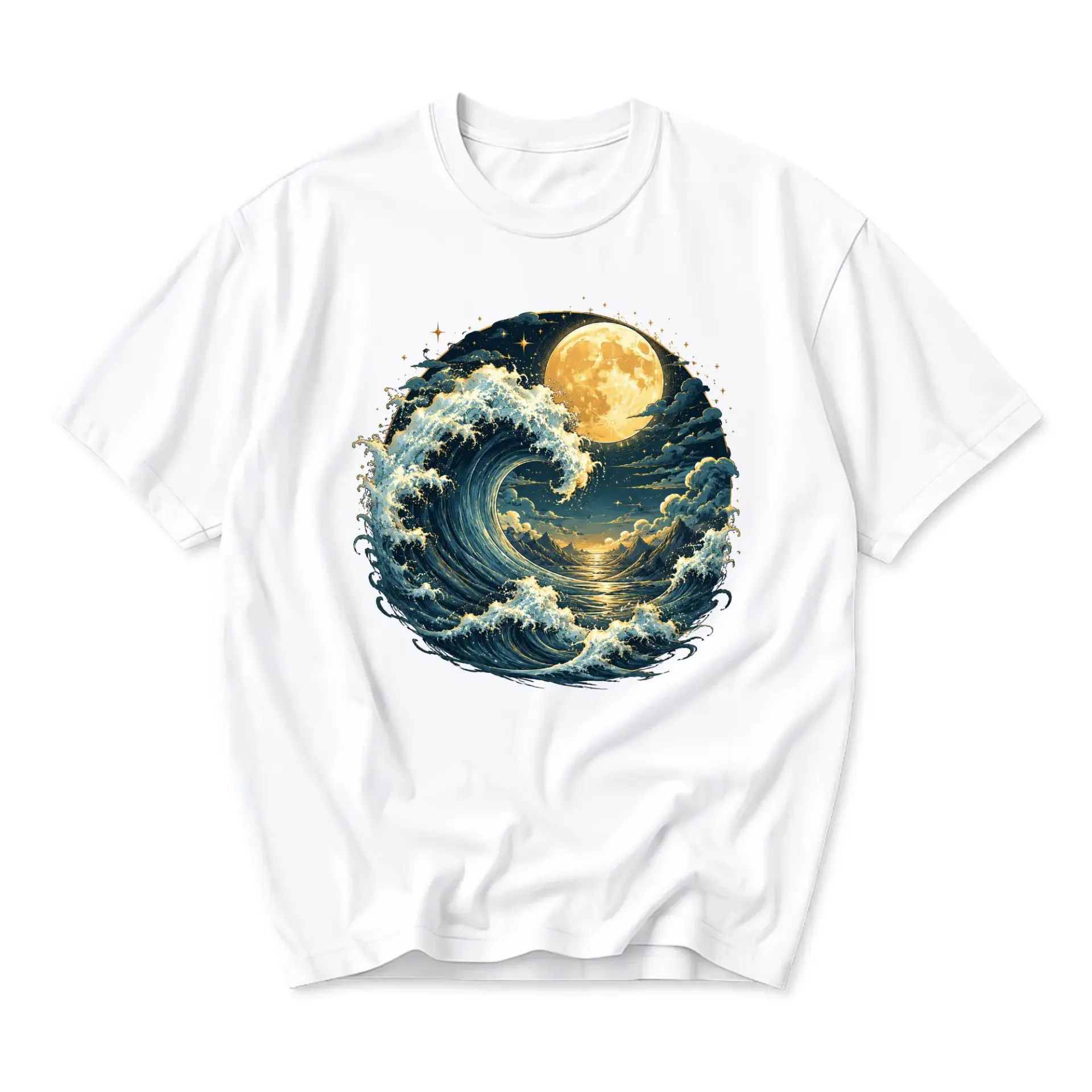 Graphic Tee Moon over Ocean Wave Night Sky Artistic Print Unisex Casual Crew Neck Soft Cotton Blend Summer Shirt