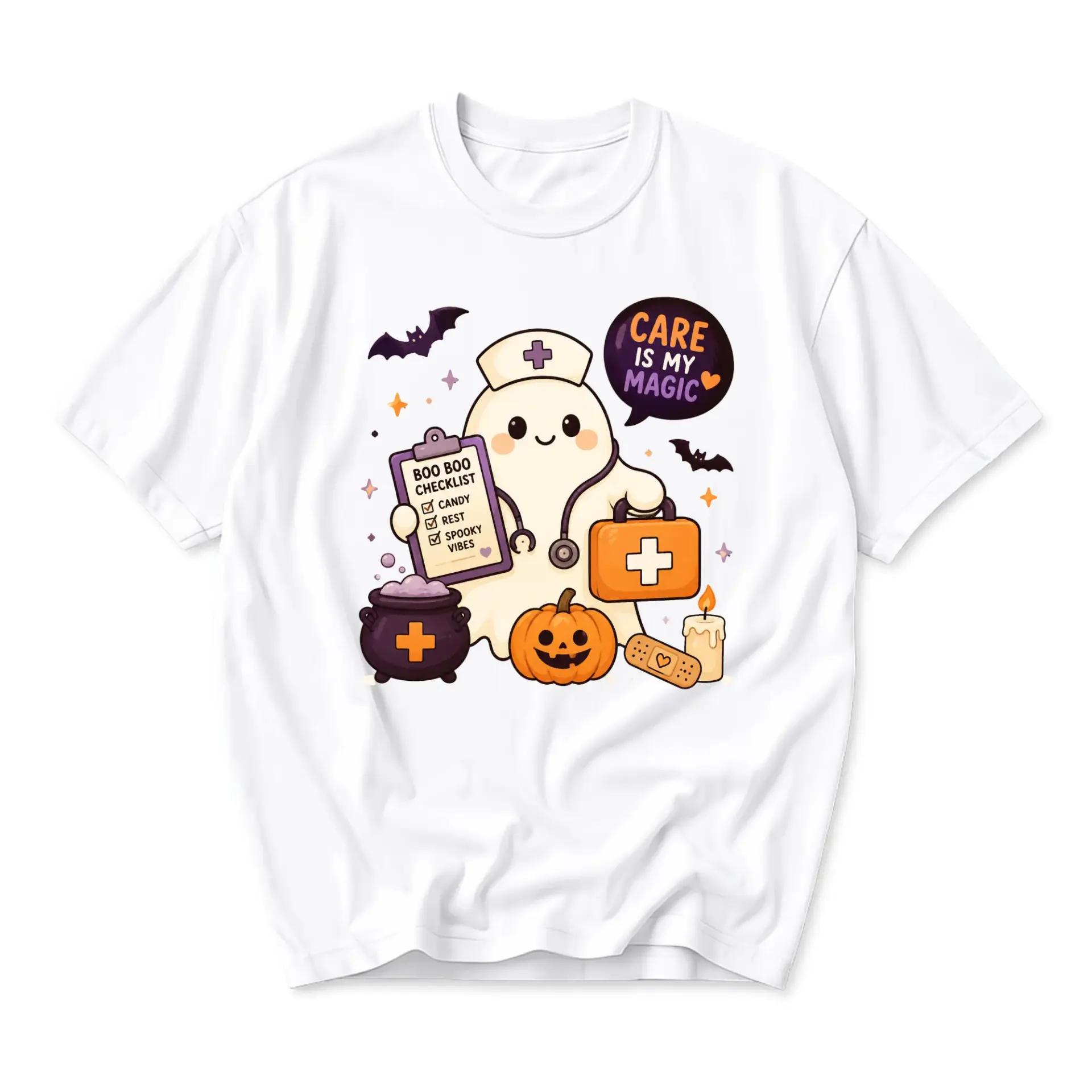 Funny Shirt Unisex Graphic Printed T-Shirt Featuring a Cute Ghost Nurse Character for Seasonal Casual Everyday Wear