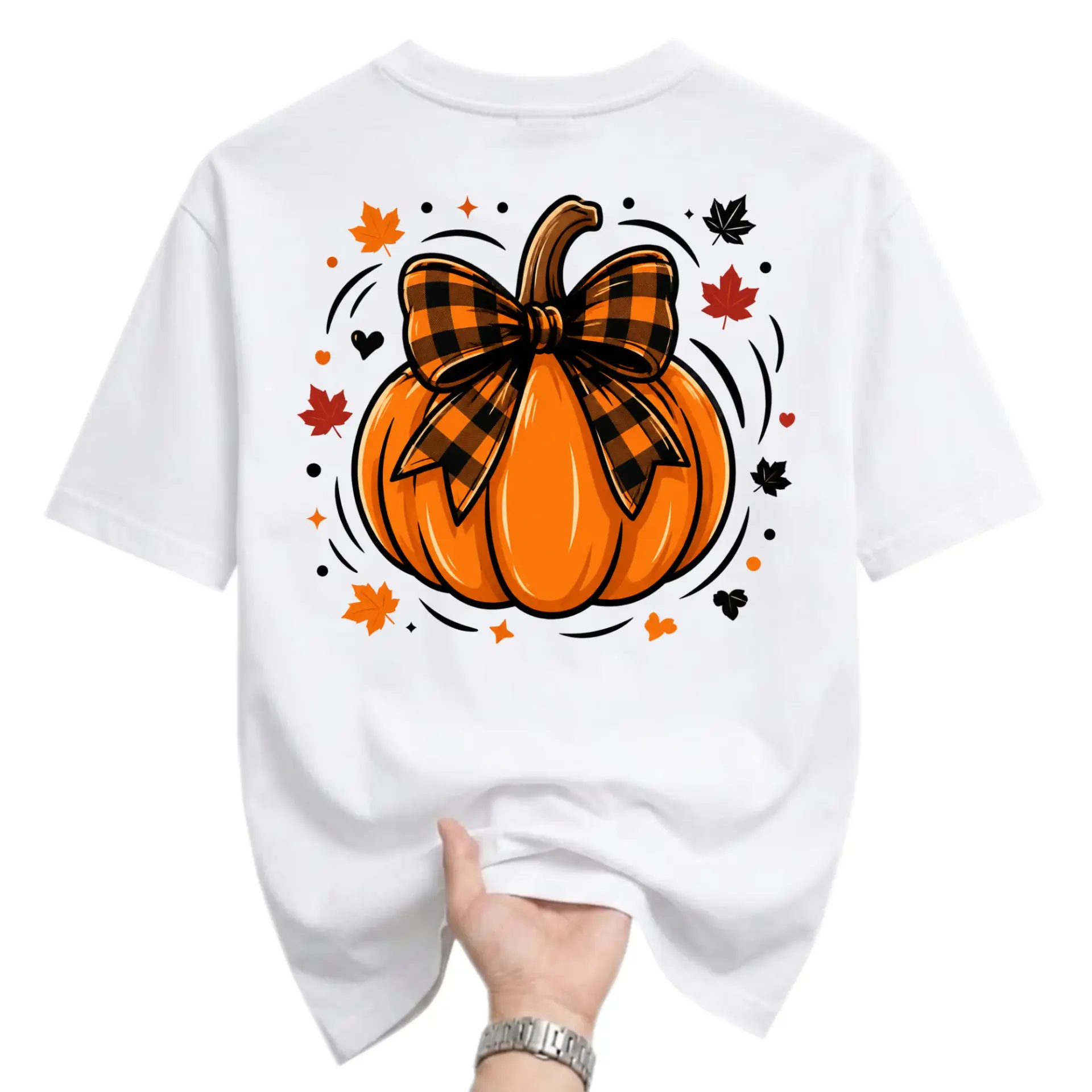 Graphic Tee Pumpkin with Plaid Bow Print Autumn Fall Season Unisex Casual Crew Neck Comfortable Cotton Shirt