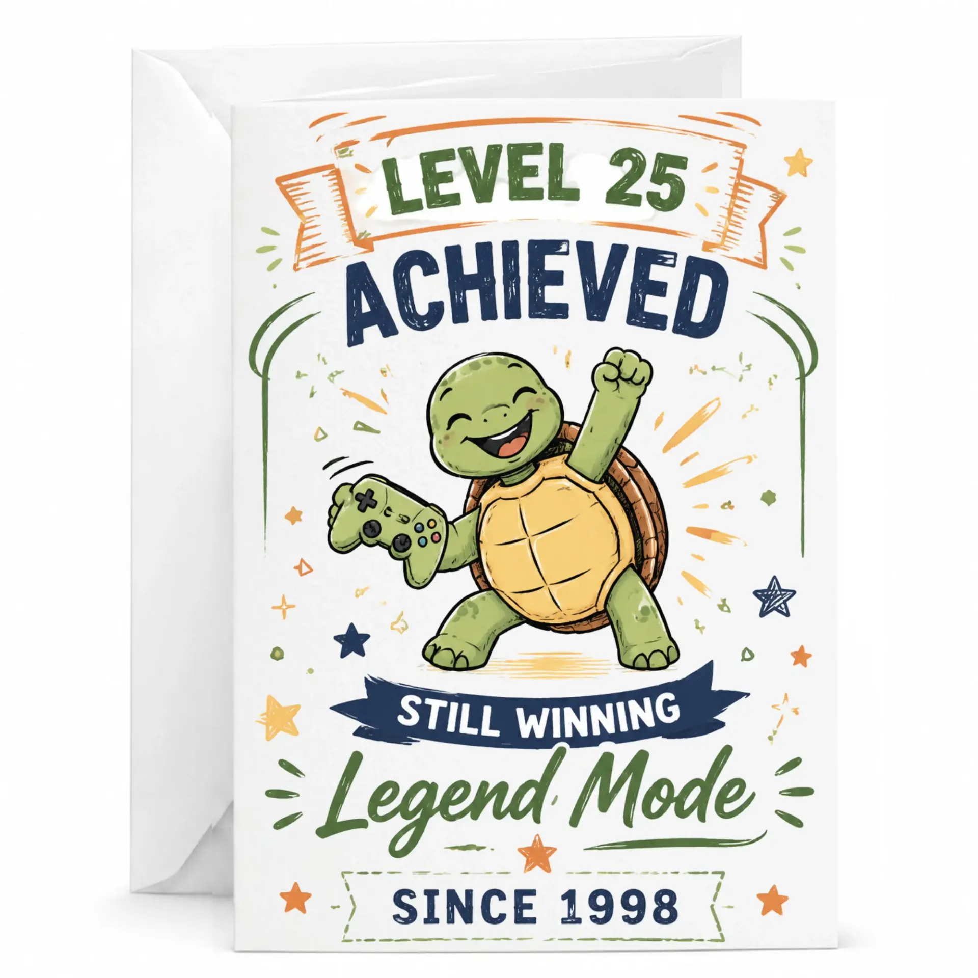 Funny Greeting Card Level 25 Achieved Gaming Theme Birthday Card for Milestone Celebration with Turtle Graphic Illustration