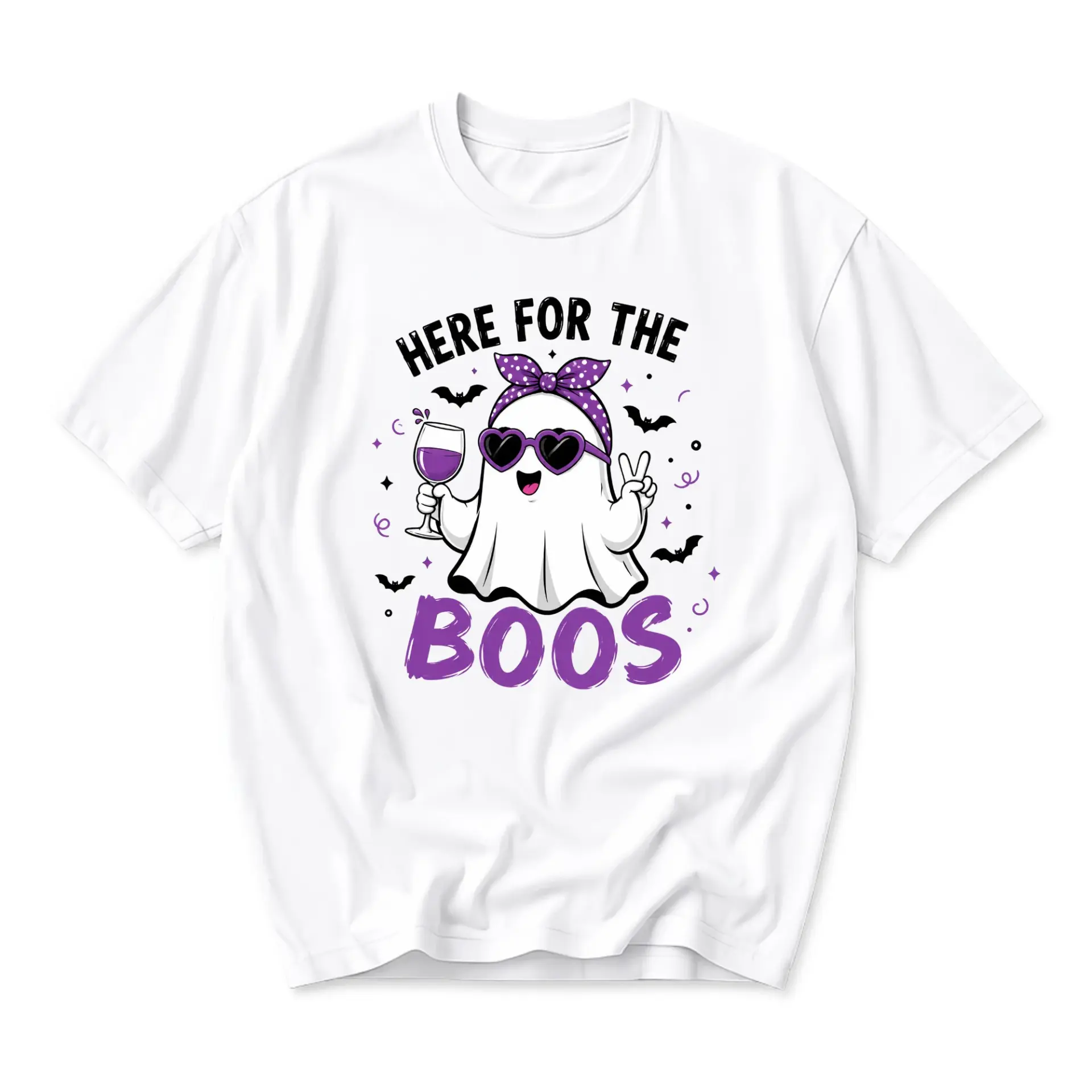 Funny Shirt Here for the Boos Graphic Tee Casual Unisex Crew Neck Top for Fall Season Holidays and Party Wear