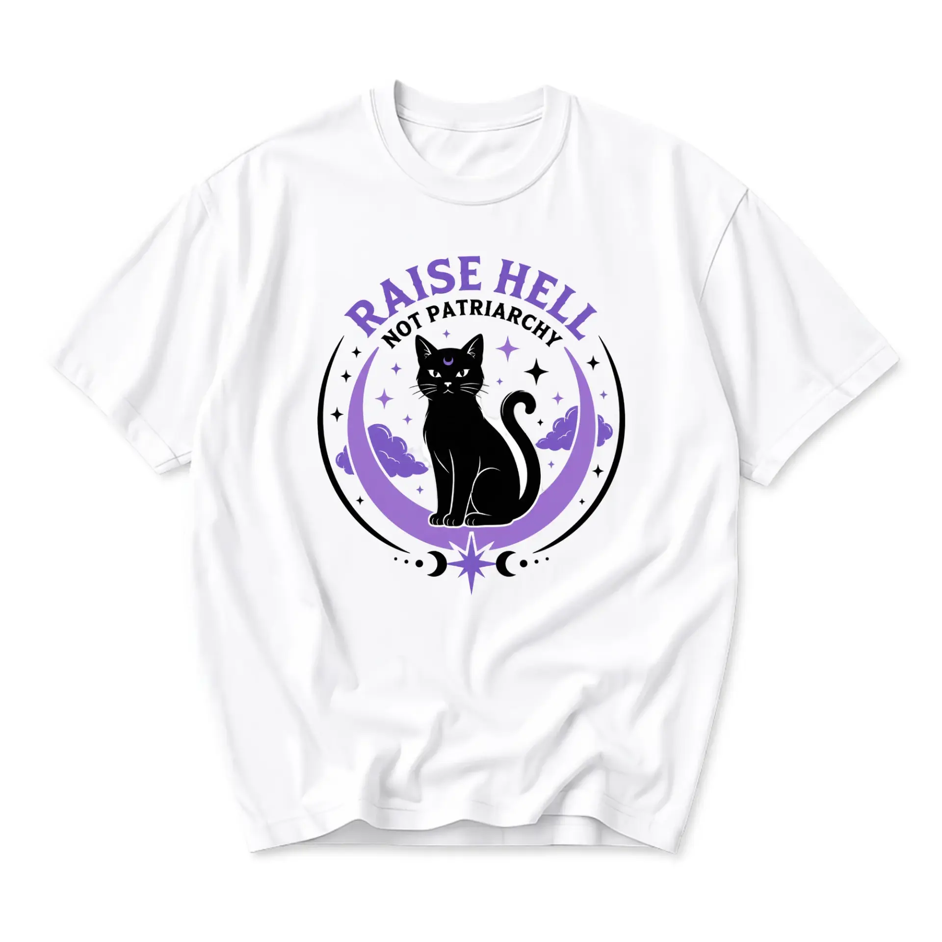 Graphic Tee Raise Hell Not Patriarchy Black Cat Print Unisex Cotton Crew Neck Casual Short Sleeve Shirt for Everyday Wear