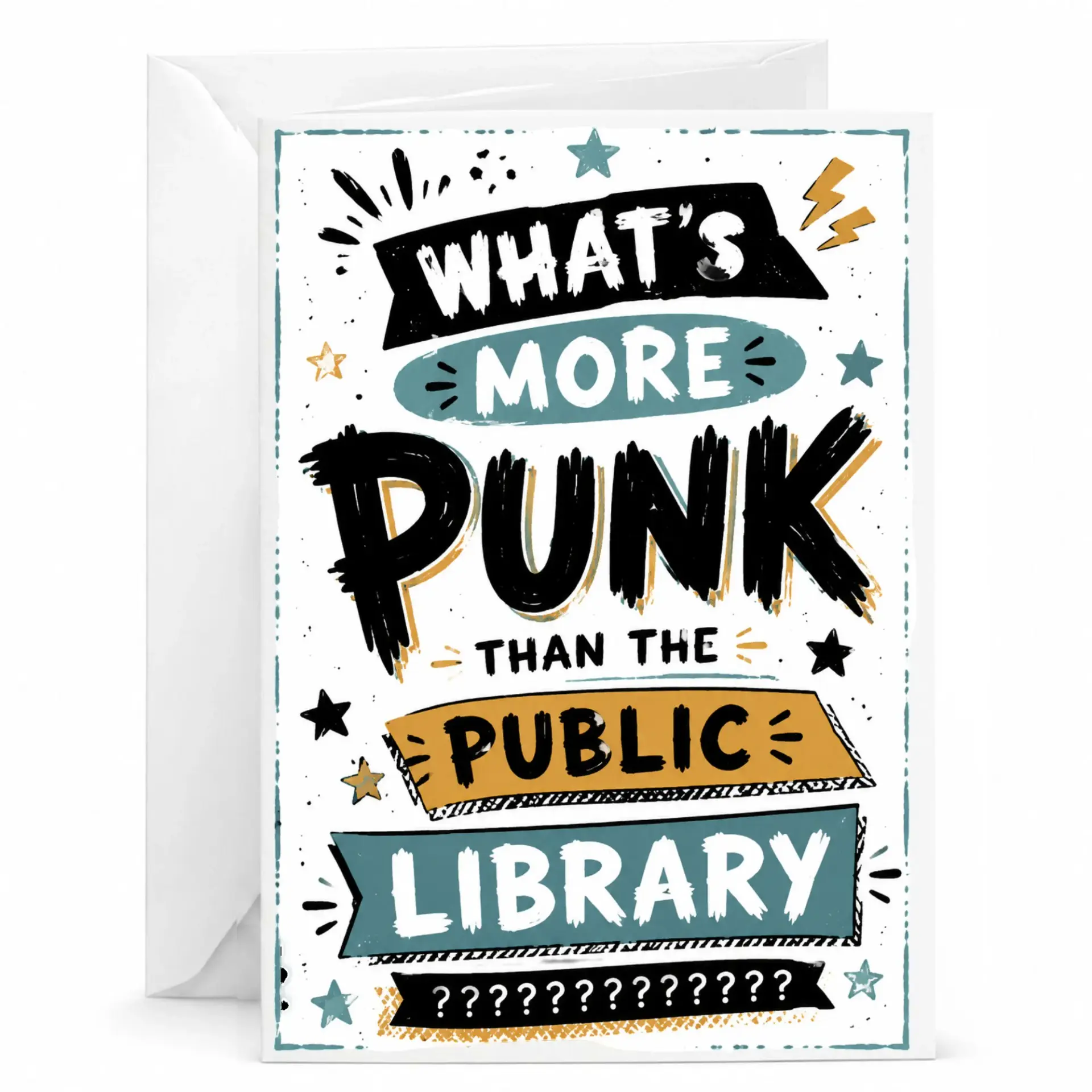 Funny Greeting Card Featuring Punk Rock Style Library Appreciation Quote with Artistic Typography Design