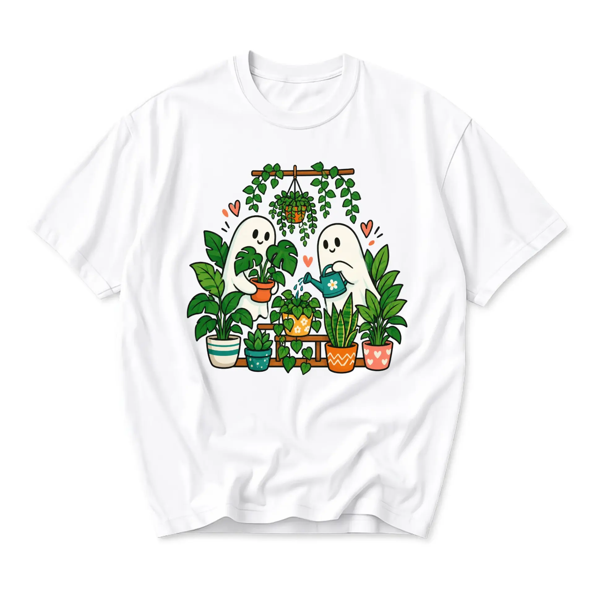 Graphic Tee Unisex Crew Neck T-Shirt Featuring Cute Ghosts Gardening Plants Illustration for Everyday Casual Wear