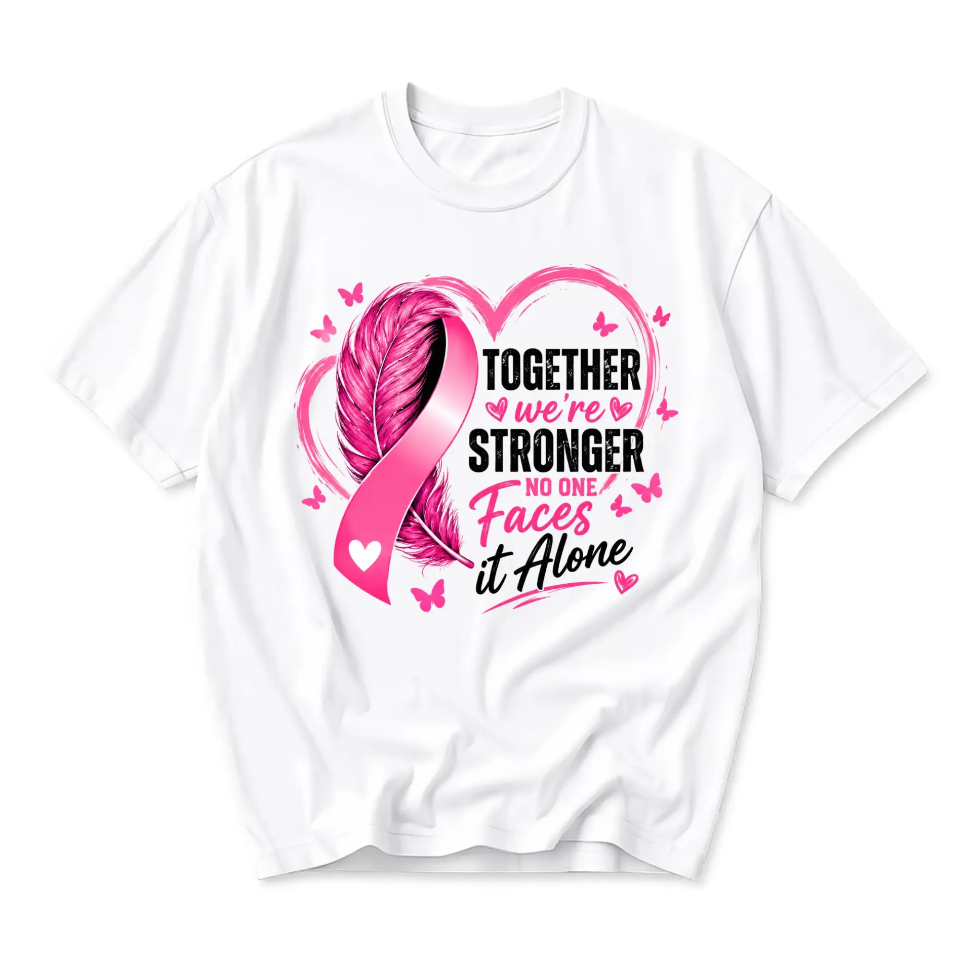 Graphic Tee Together We Are Stronger Breast Cancer Awareness Shirt Pink Ribbon Feather Design Unisex Casual Top
