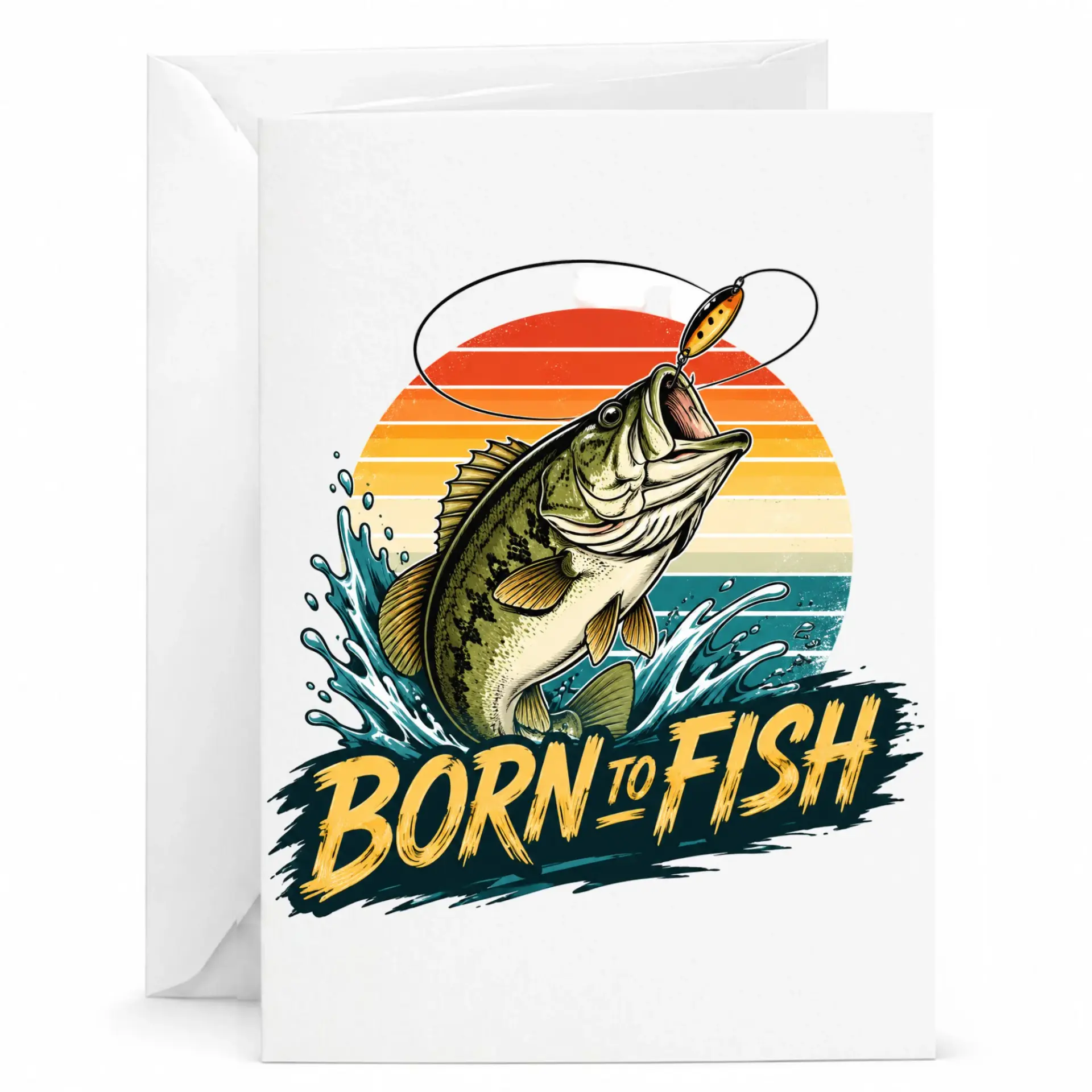 Born to Fish Greeting Card for Anglers and Outdoor Lovers Retro Fishing Design Folded Note Card with Envelope