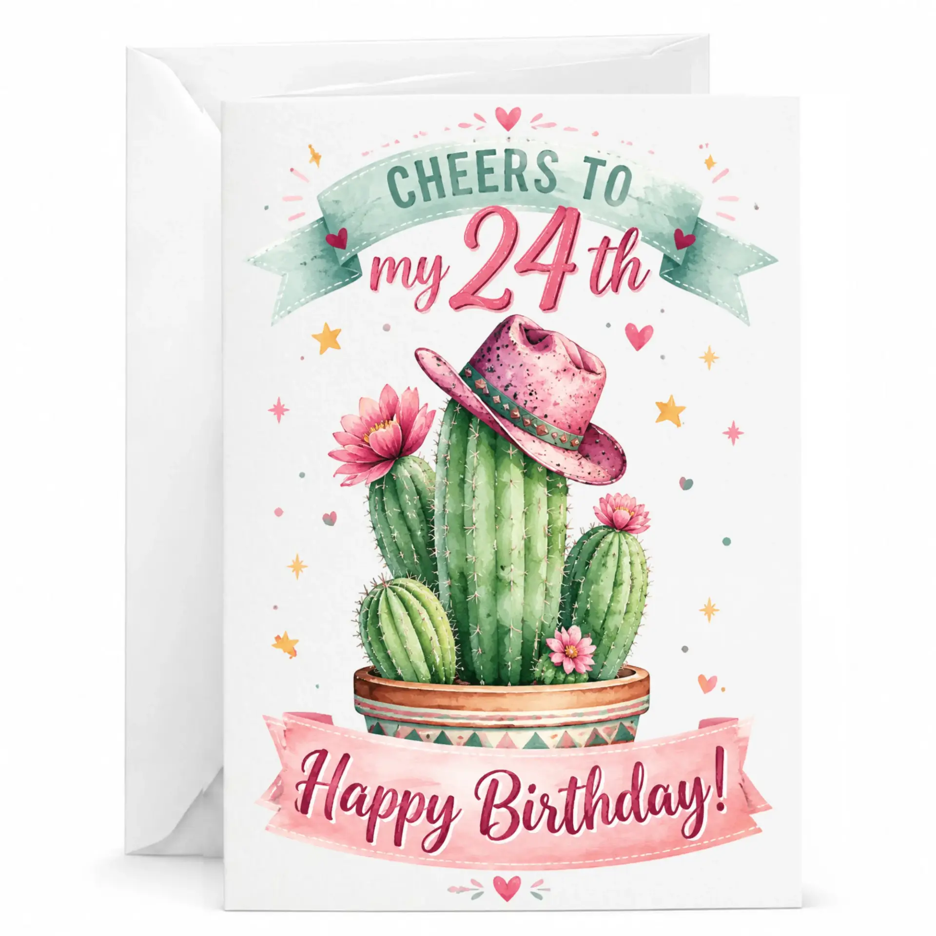 Birthday Card for 24th Birthday Western Theme Cactus Cowboy Hat Illustration Greeting Card with White Envelope