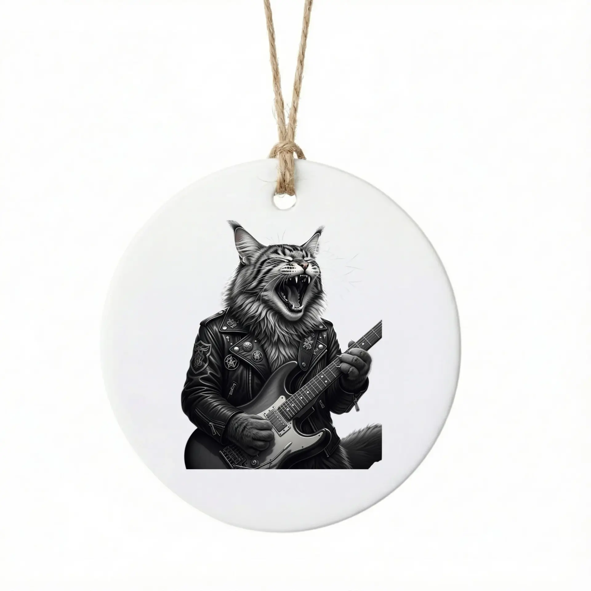 Christmas Ornament Rock Star Cat Featuring a Playing Guitar Graphic on Premium White Ceramic Holiday Keepsake Decor