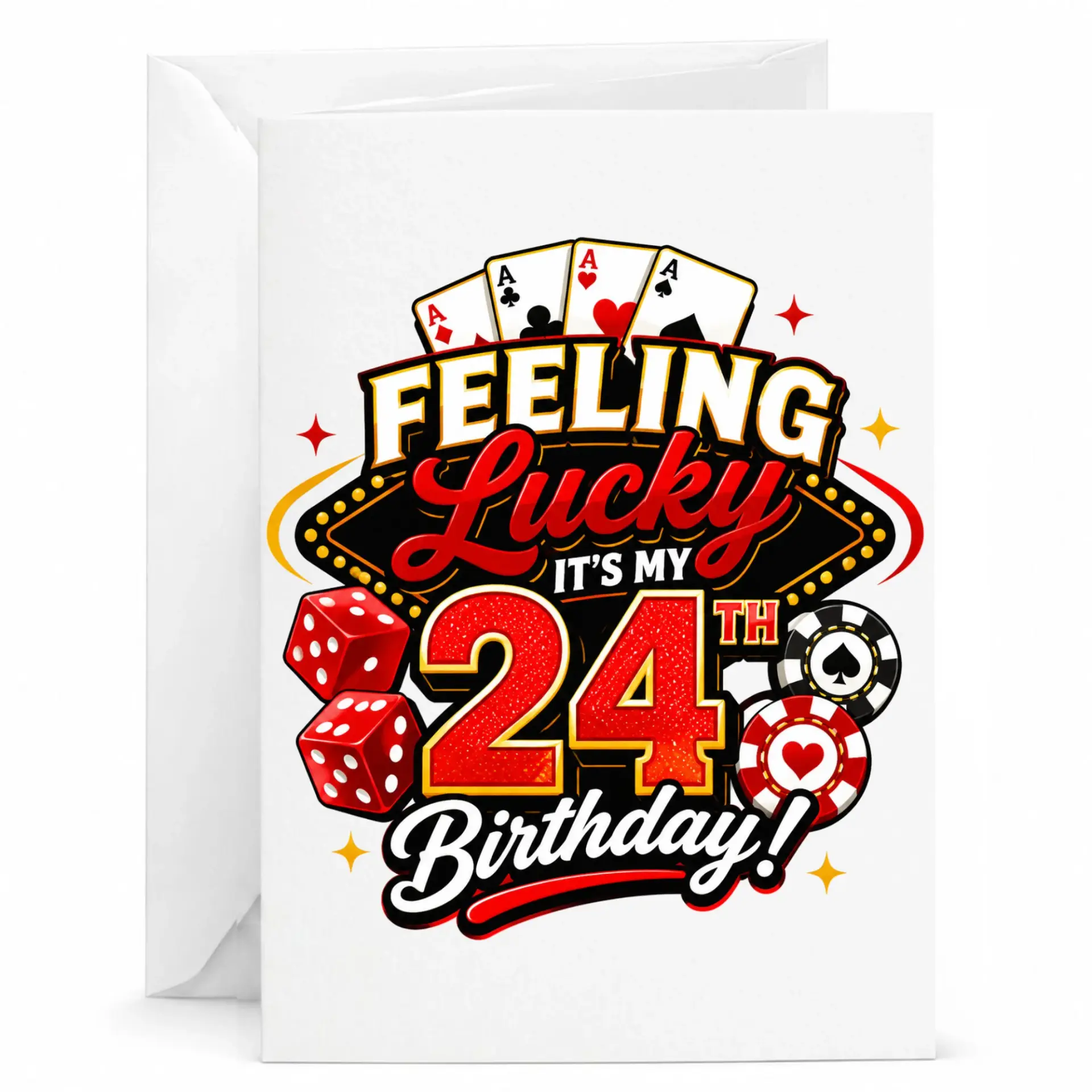 Birthday Card Feeling Lucky 24th Birthday Casino Themed Greeting Card with Envelope for Twenty-Fourth Birthday Celebration