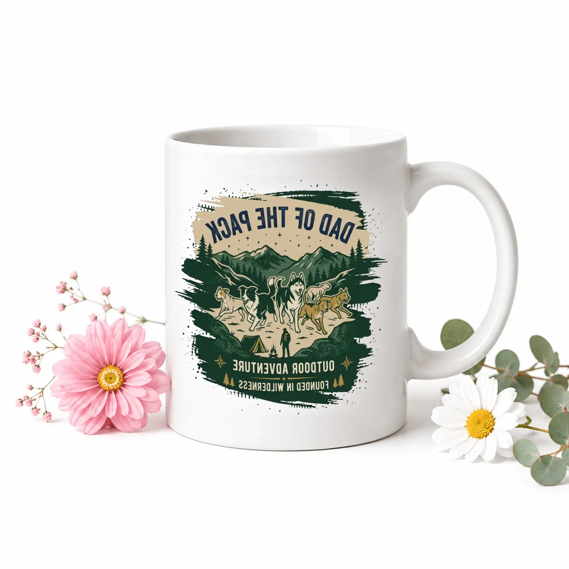Dad of Outdoor Adventure Two Coffee Mug Wilderness Theme Graphic Cup for Nature Lovers and Pet Owners
