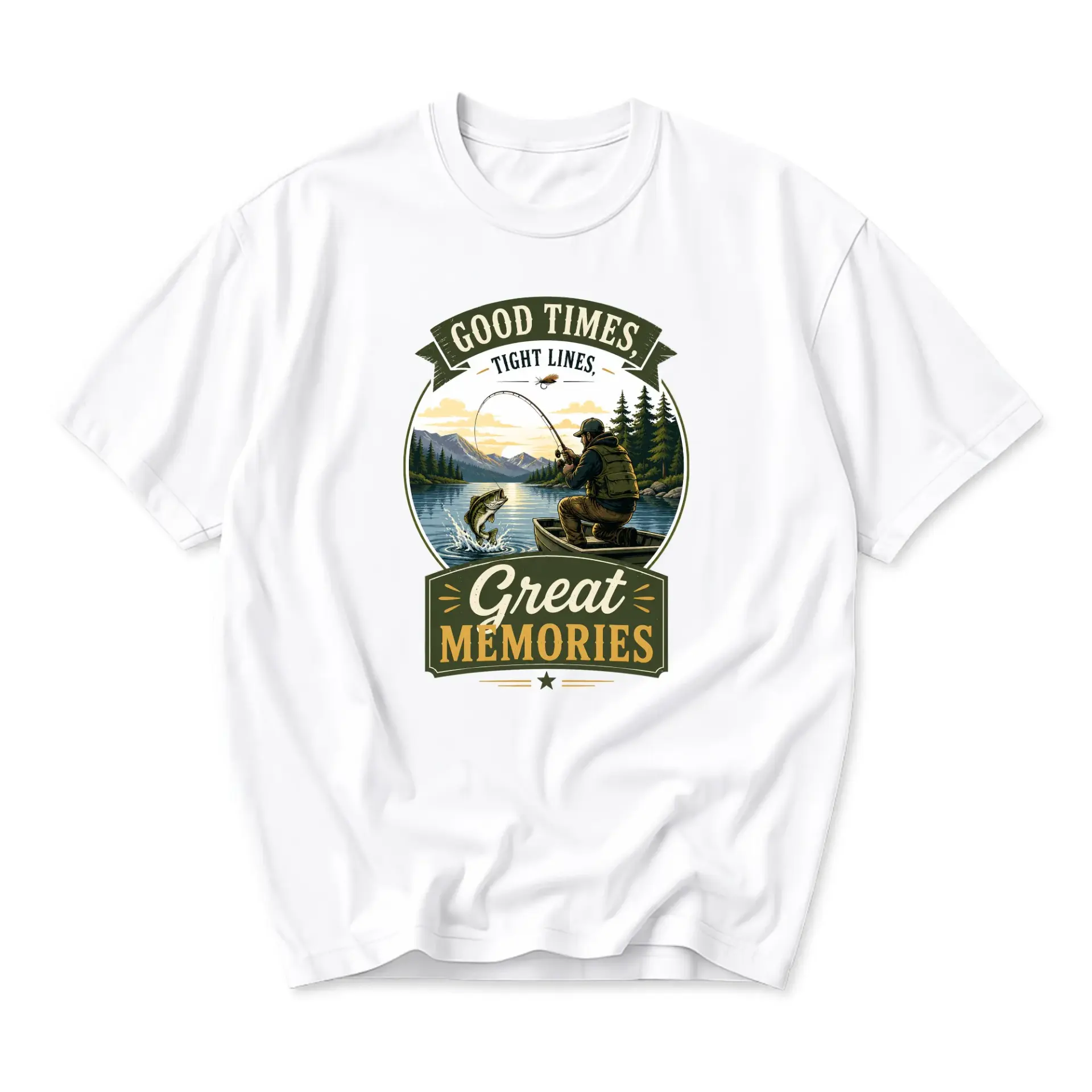 Graphic Tee Good Times Fishing Adventure Shirt Unisex Crew Neck Outdoor Lover Apparel White