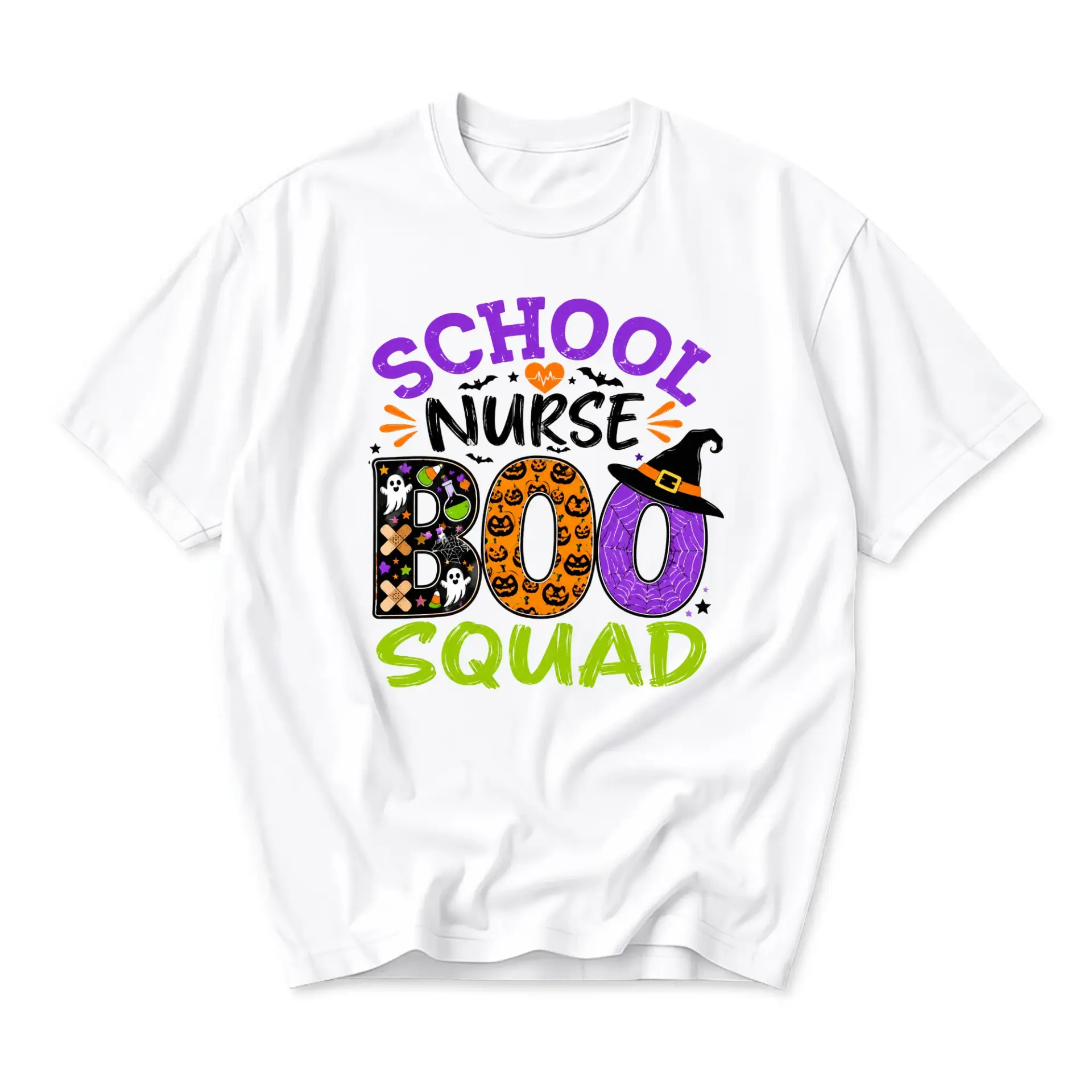 Funny Shirt School Nurse Boo Squad Halloween Graphic Tee Unisex Crew Neck Casual Everyday Holiday Apparel for Professionals