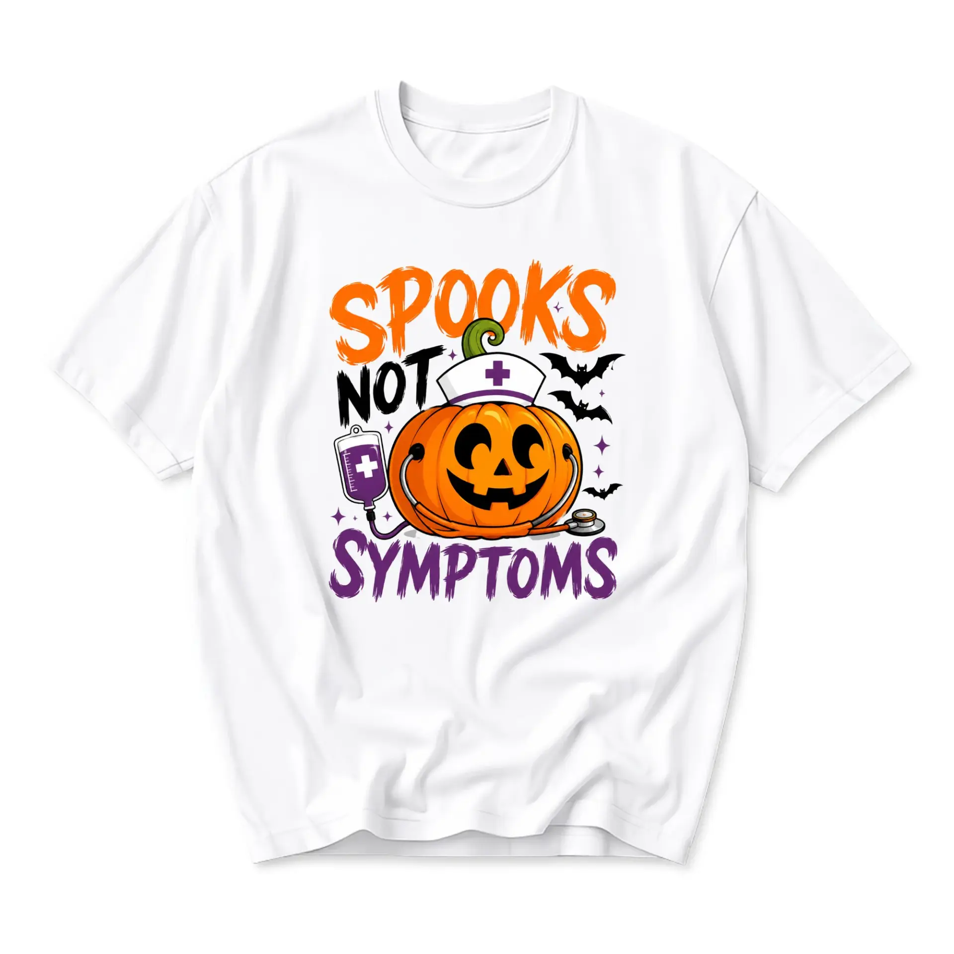 Funny Shirt Spooks Not Symptoms Halloween Nurse Pumpkin Graphic Tee Unisex Crew Neck Casual Cotton Blend Clothing