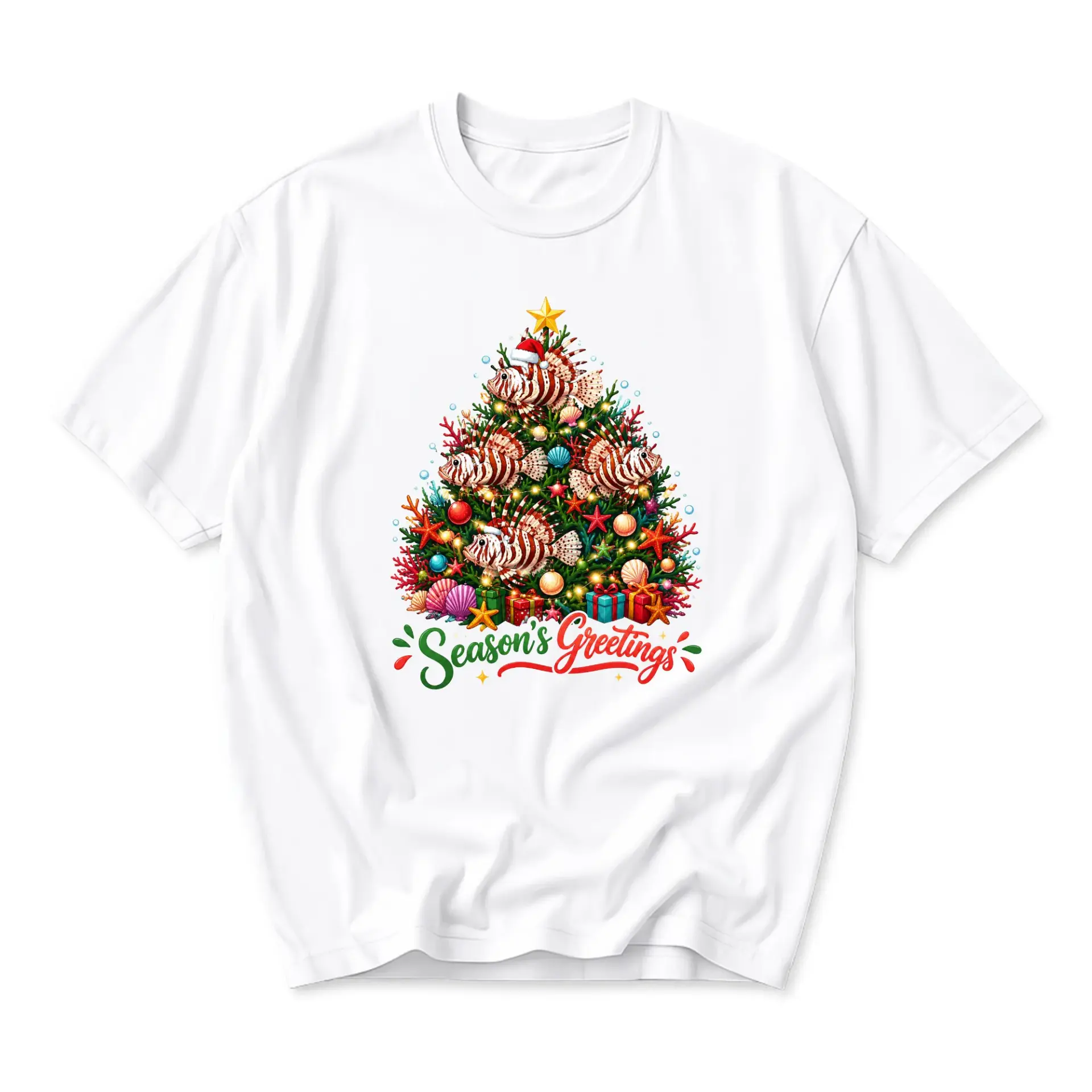 Graphic Tee Unisex Christmas Tree Featuring Lionfish Holiday Print Short