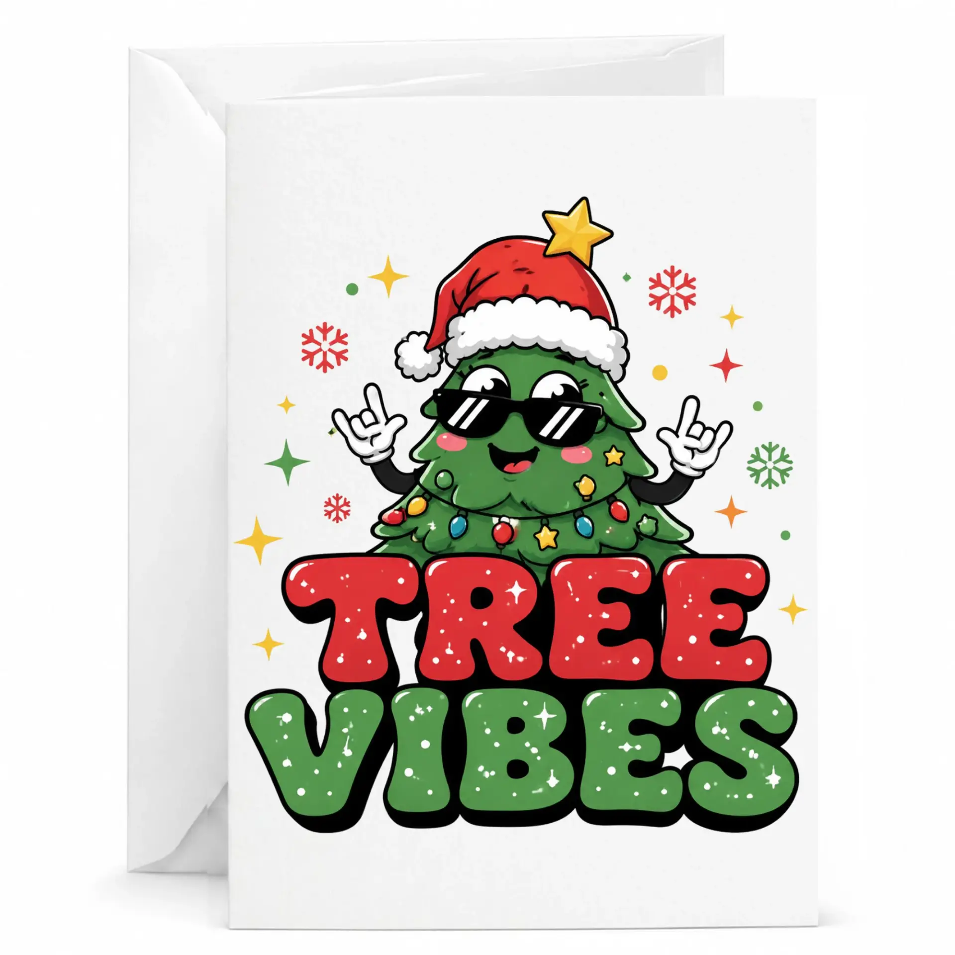 Funny Christmas Greeting Card, Tree Vibes Holiday Card with Santa Hat and Sunglasses, Festive Seasonal Note Card