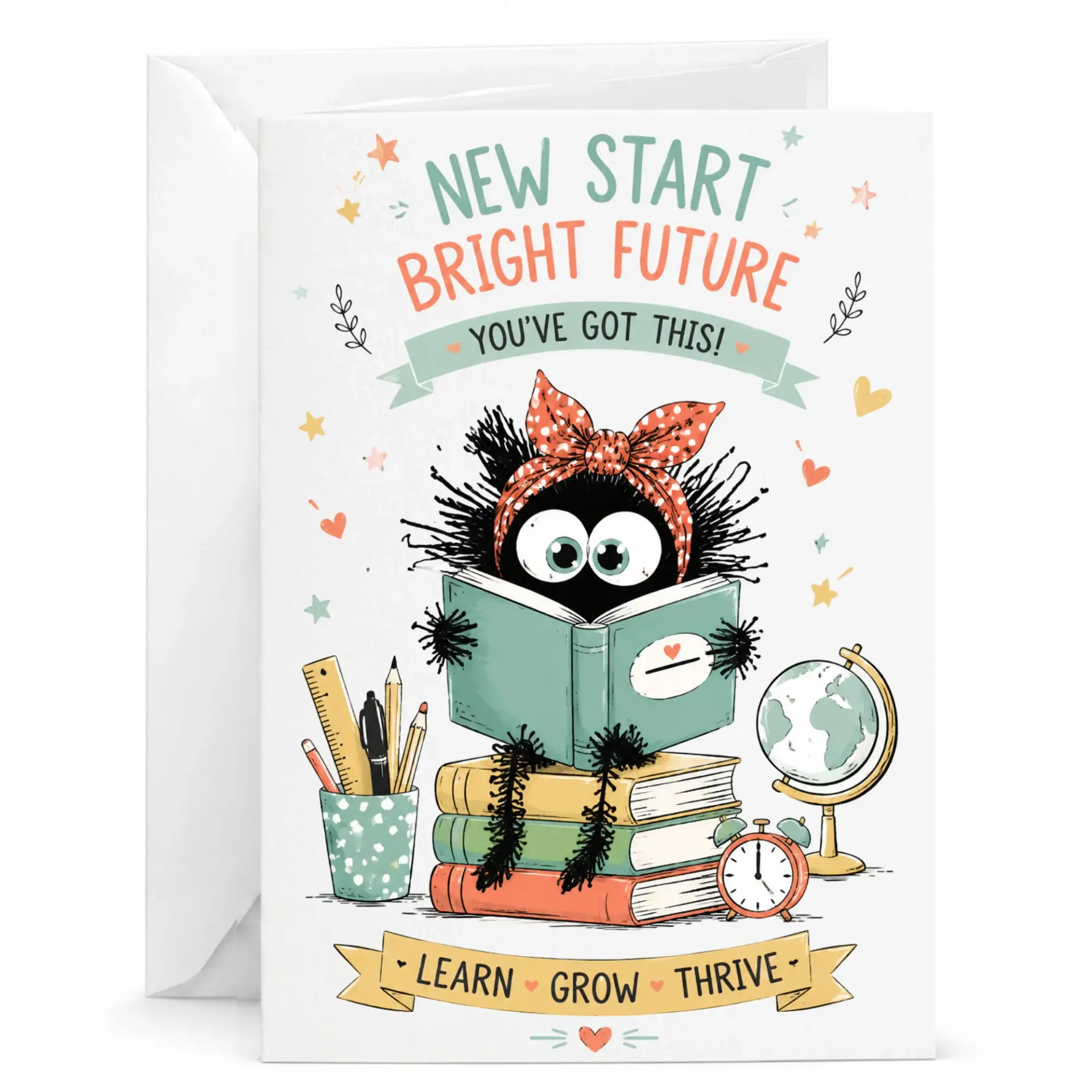 Inspirational New Job or Promotion Greeting Card Cute Reading Creature Design Encouragement Stationery for Career