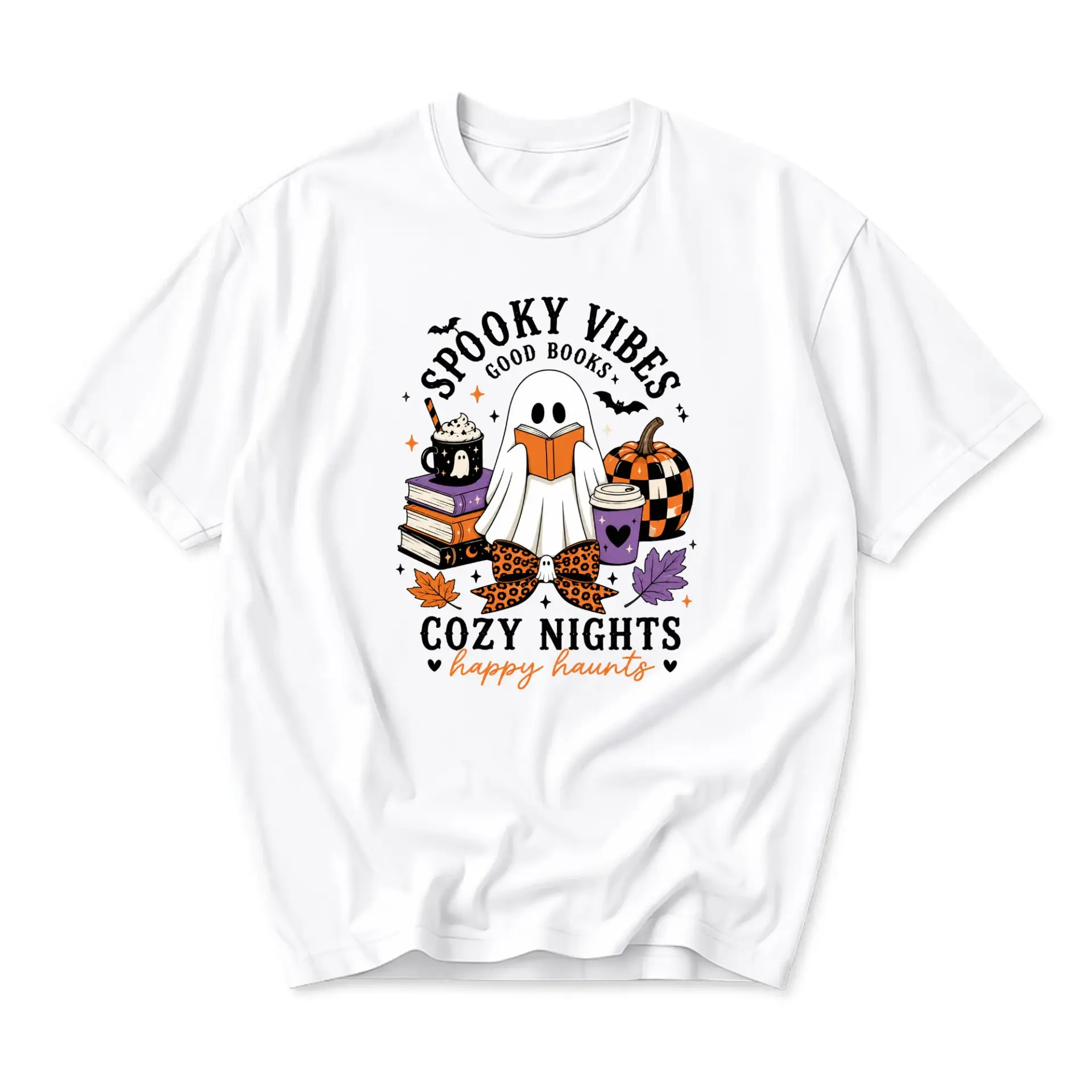 Graphic Tee Spooky Vibes Ghost Reading Book Print Unisex Short Sleeve Crew Neck Casual Everyday Comfortable Shirt