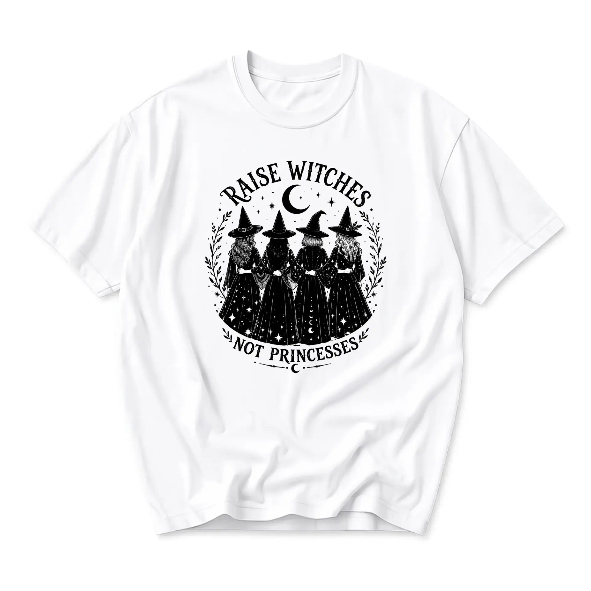 Graphic Tee Raise Witches Not Princesses Witchy Aesthetic Apparel Celestial Moon Stars Short Sleeve Casual Shirt