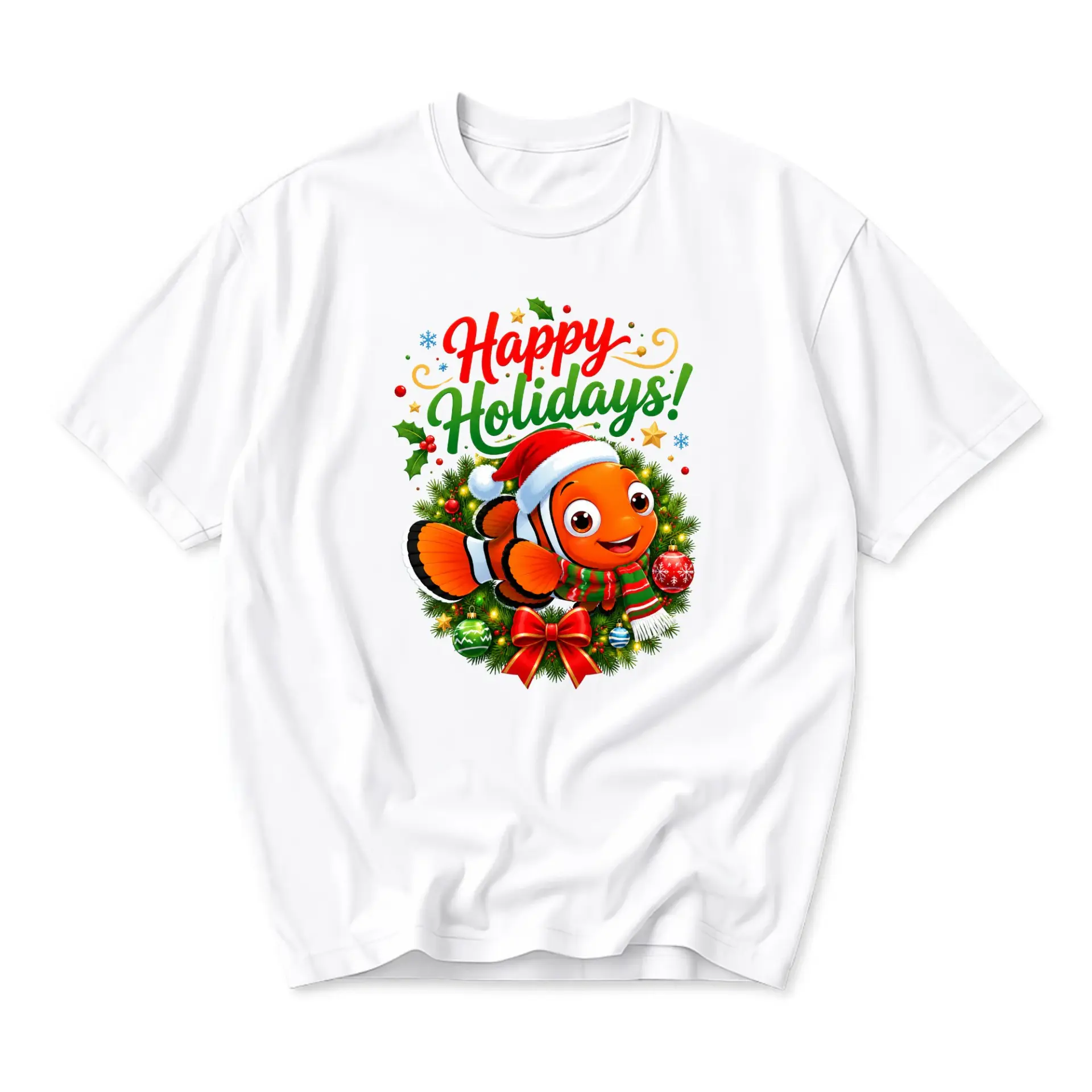 Graphic Tee Happy Holidays Clownfish Christmas Wreath Unisex Casual Crew