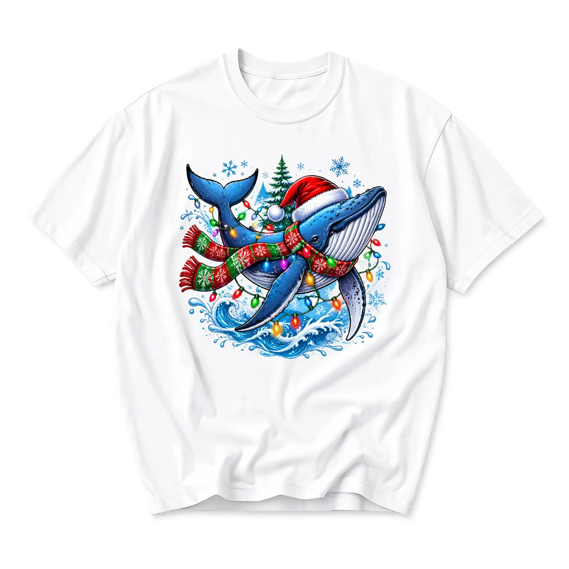 Graphic Tee Unisex Crew Neck Holiday Whale Shirt Featuring Festive Christmas Lights Snowflakes and Seasonal Winter Gear